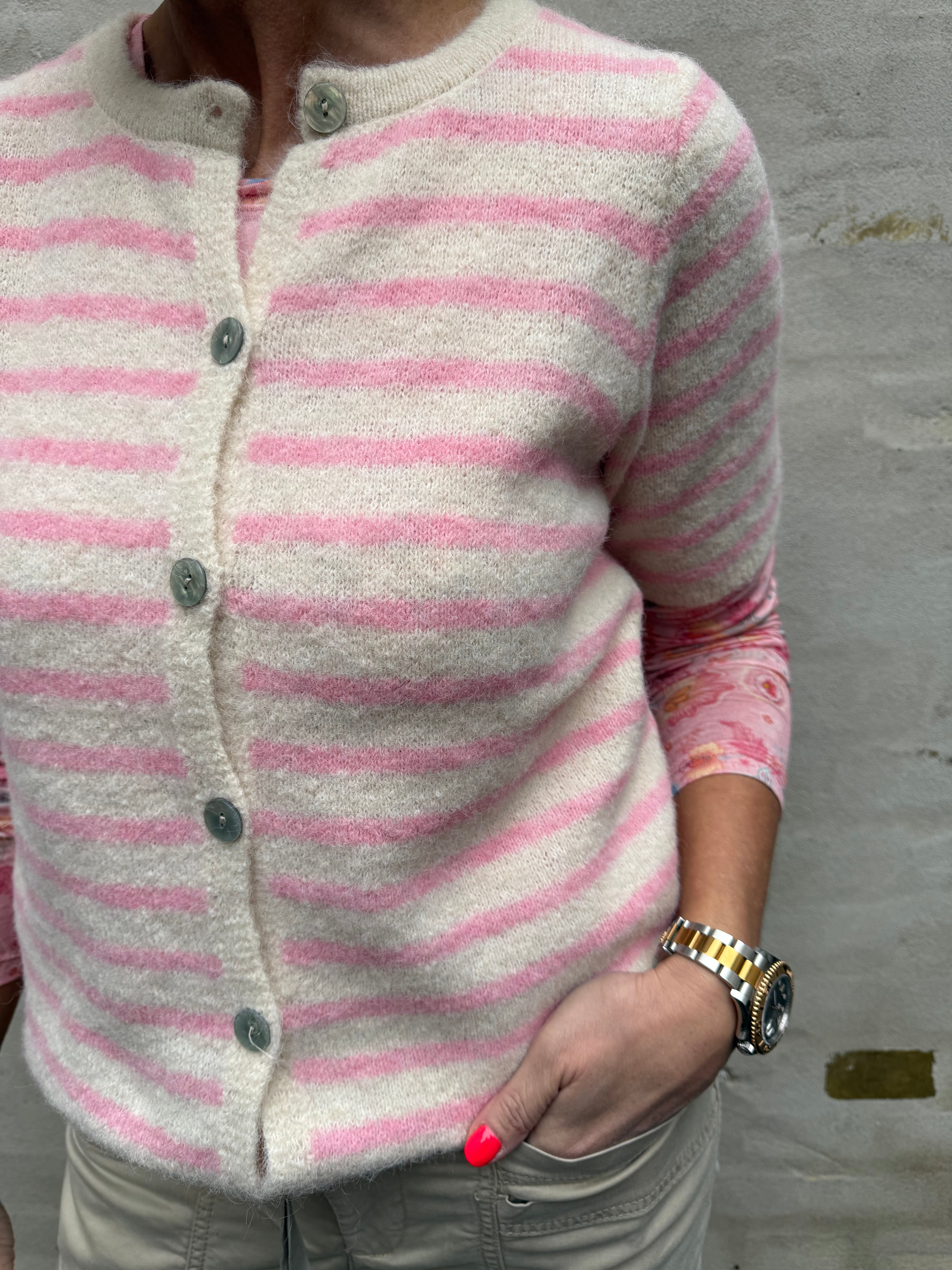 Striped T-shirt Cardigan - Off White/Light Pink