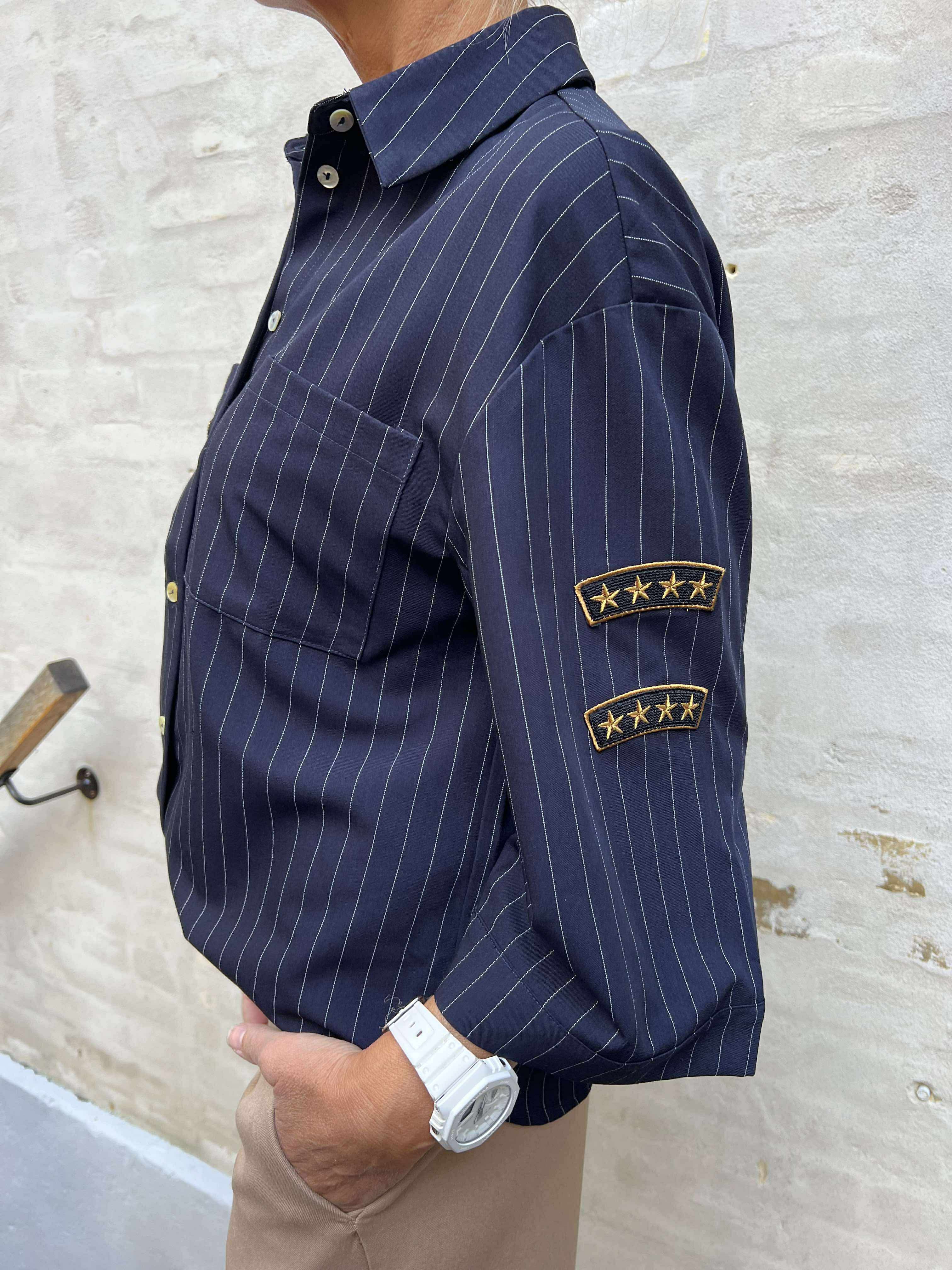 Mili Pinstripe Patch Blouse - Navy Blue Stripe