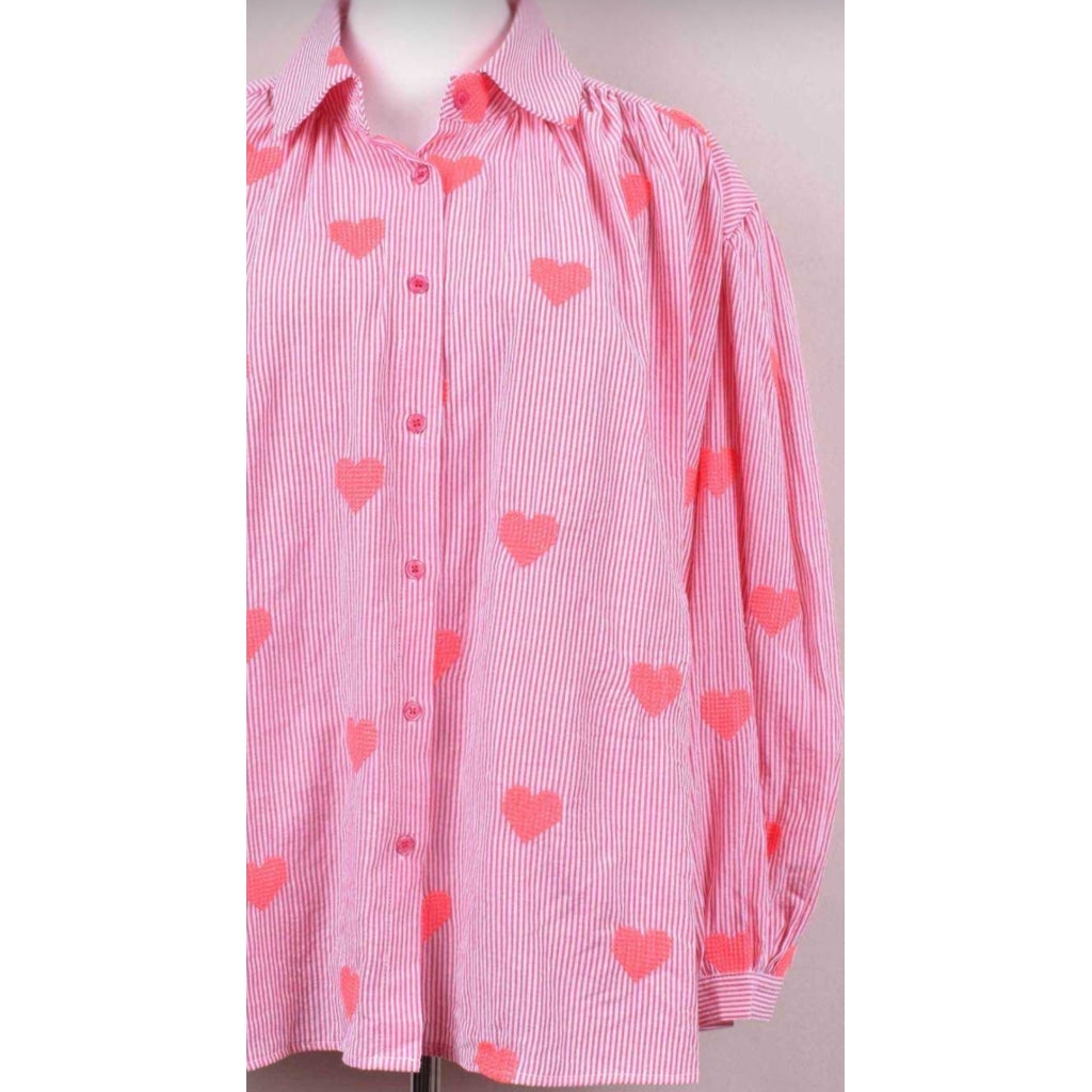 Shirt w. Striped & Embrodery Hearts - Raspberry