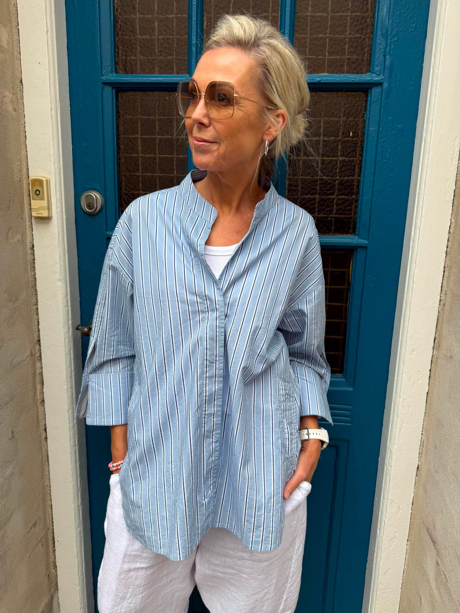 Luna Cherry Shirt - Light Blue Stripe