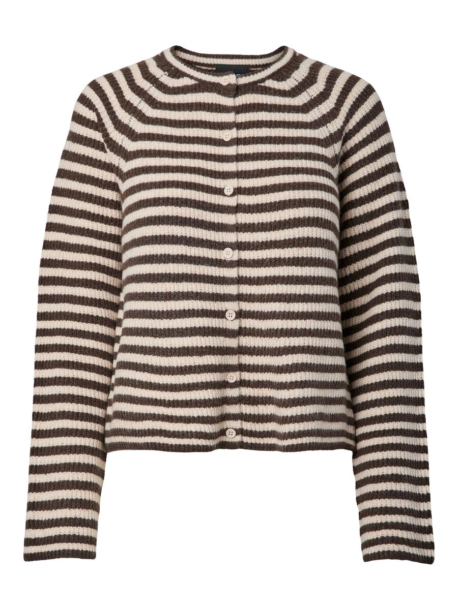 MALOU O-NECK STRIPE CARDIGAN - Silver Gray/HOT FUDGE