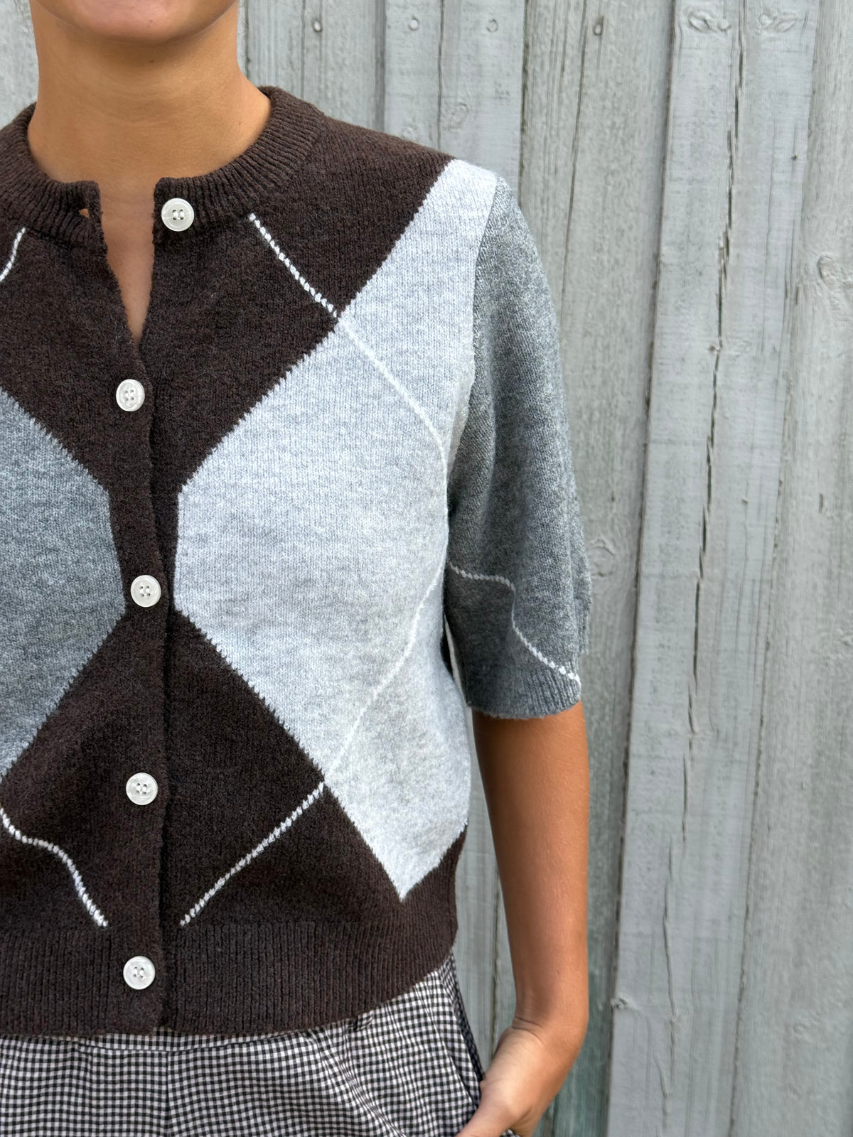 SALLY SS KNIT CHECK CARDIGAN - Hot Fudge/GREY/BIRCH
