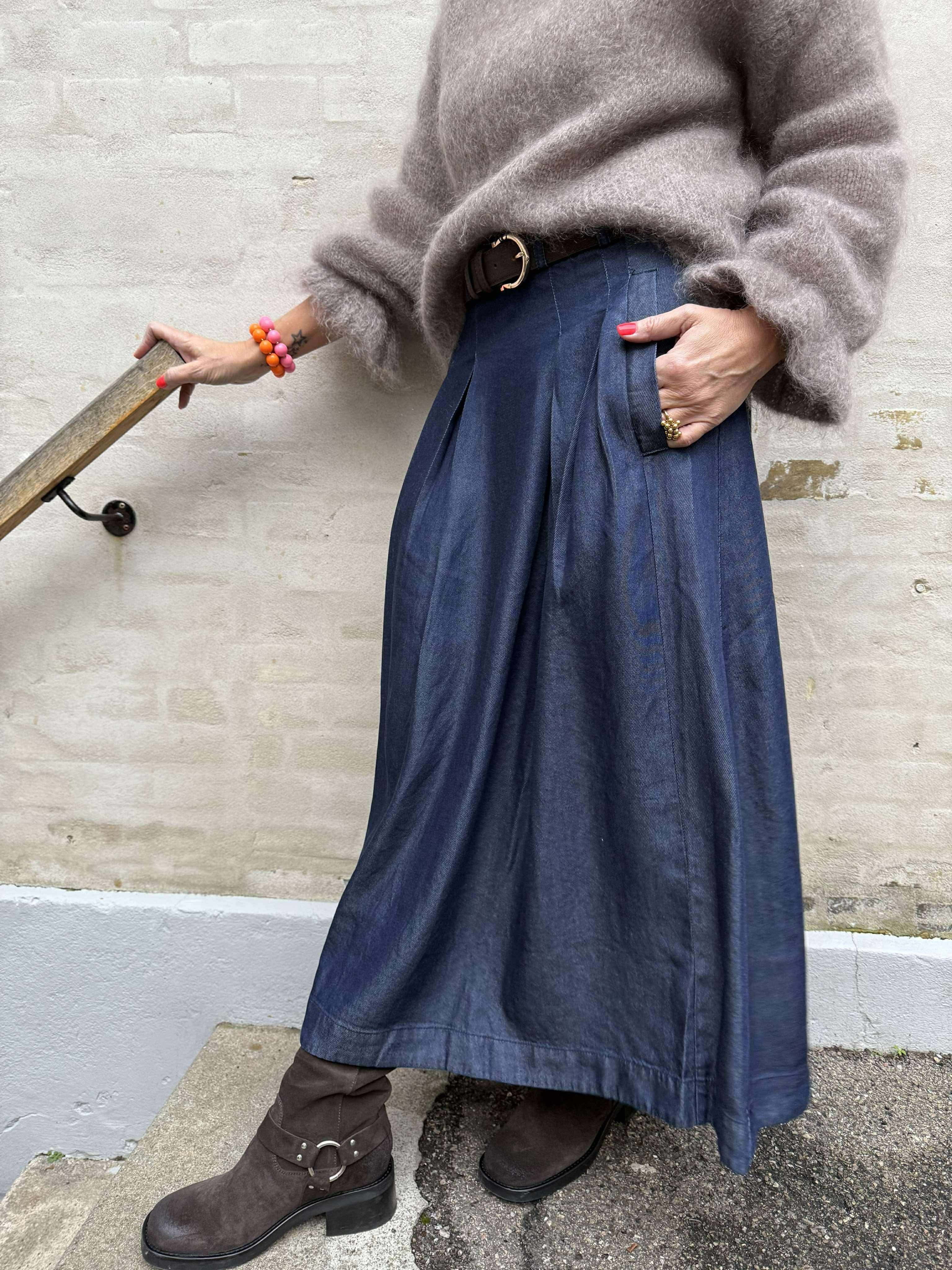 Anya Denim Pleat Skirt - Navy Denim