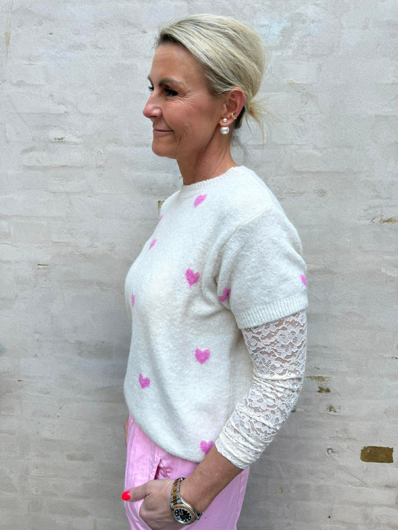 T-shirt Pullover With Hearts - Off White/Pink