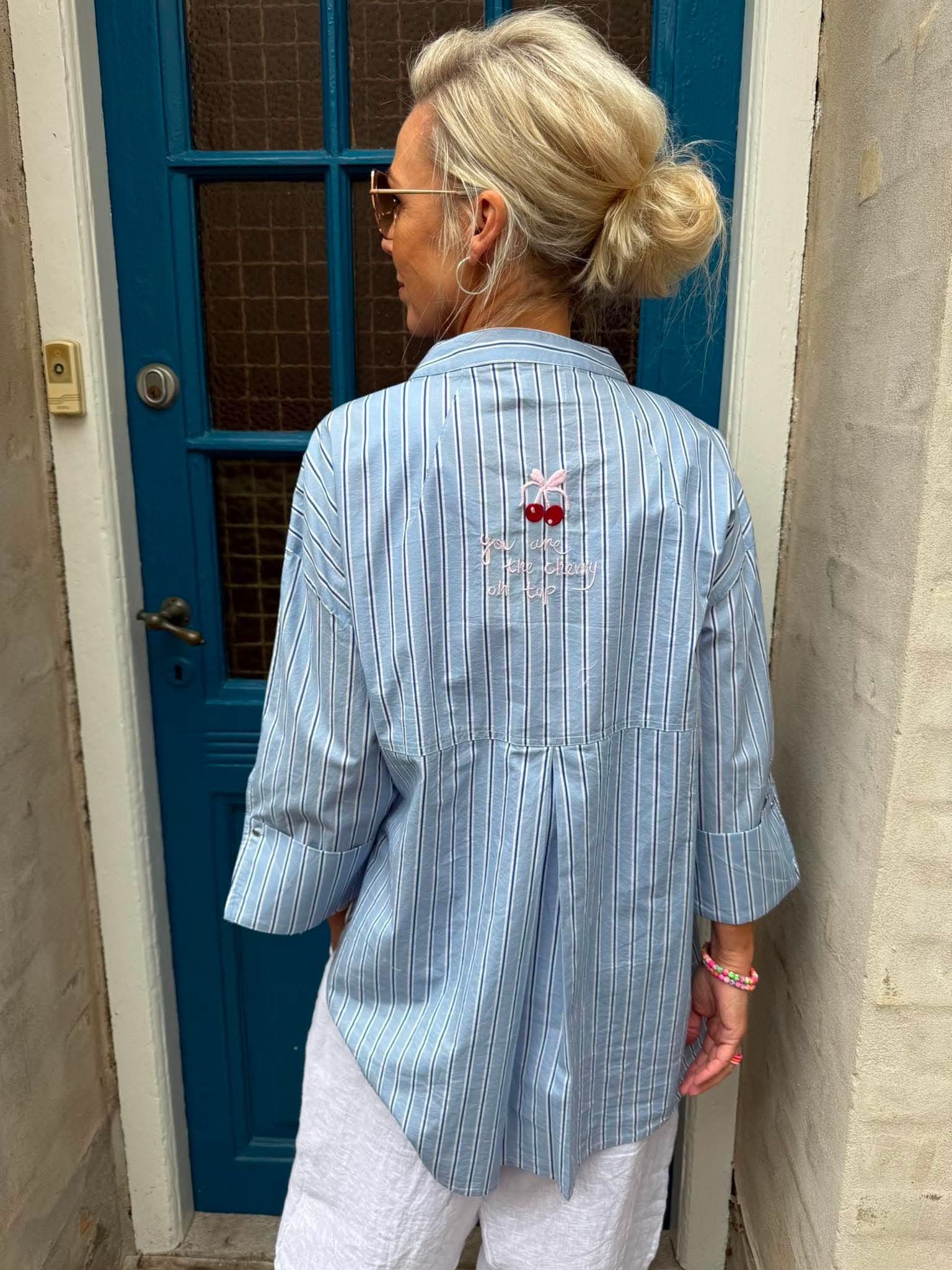 Luna Cherry Shirt - Light Blue Stripe
