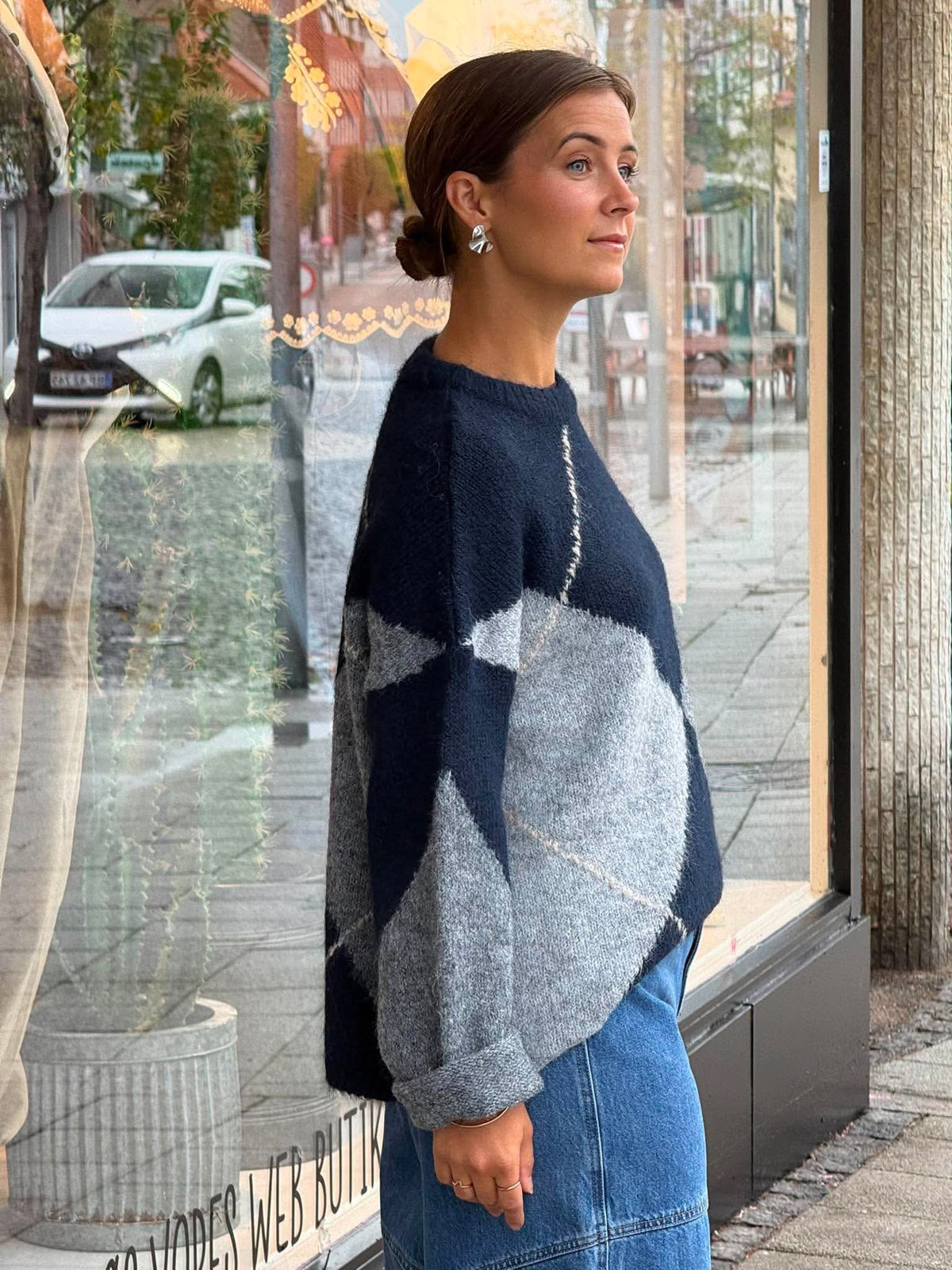 Inga Check Fluff Knit Blouse - Navy