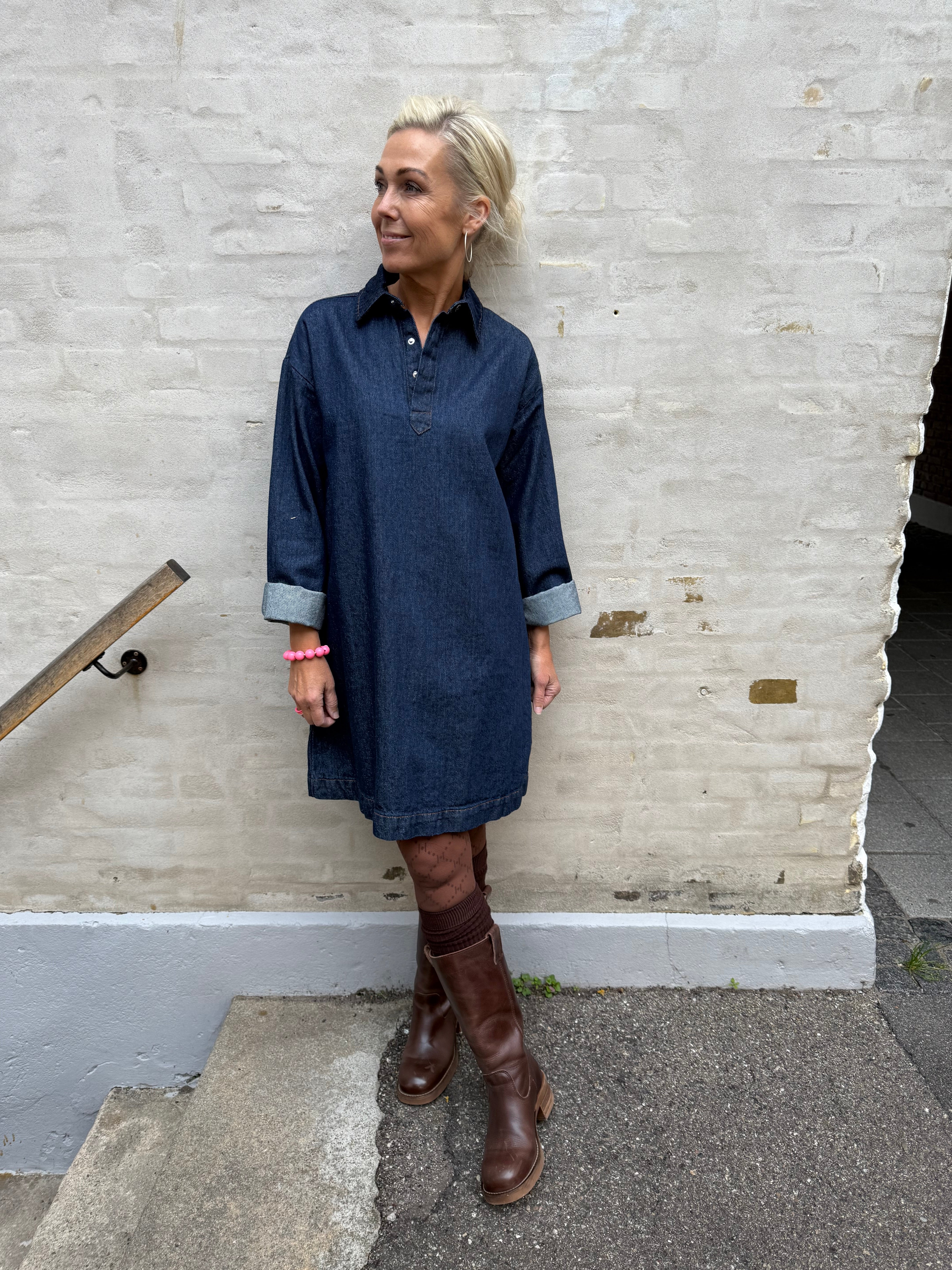 KENYA A-SHAPE DENIM DRESS - Dark Blue Denim/Rinse