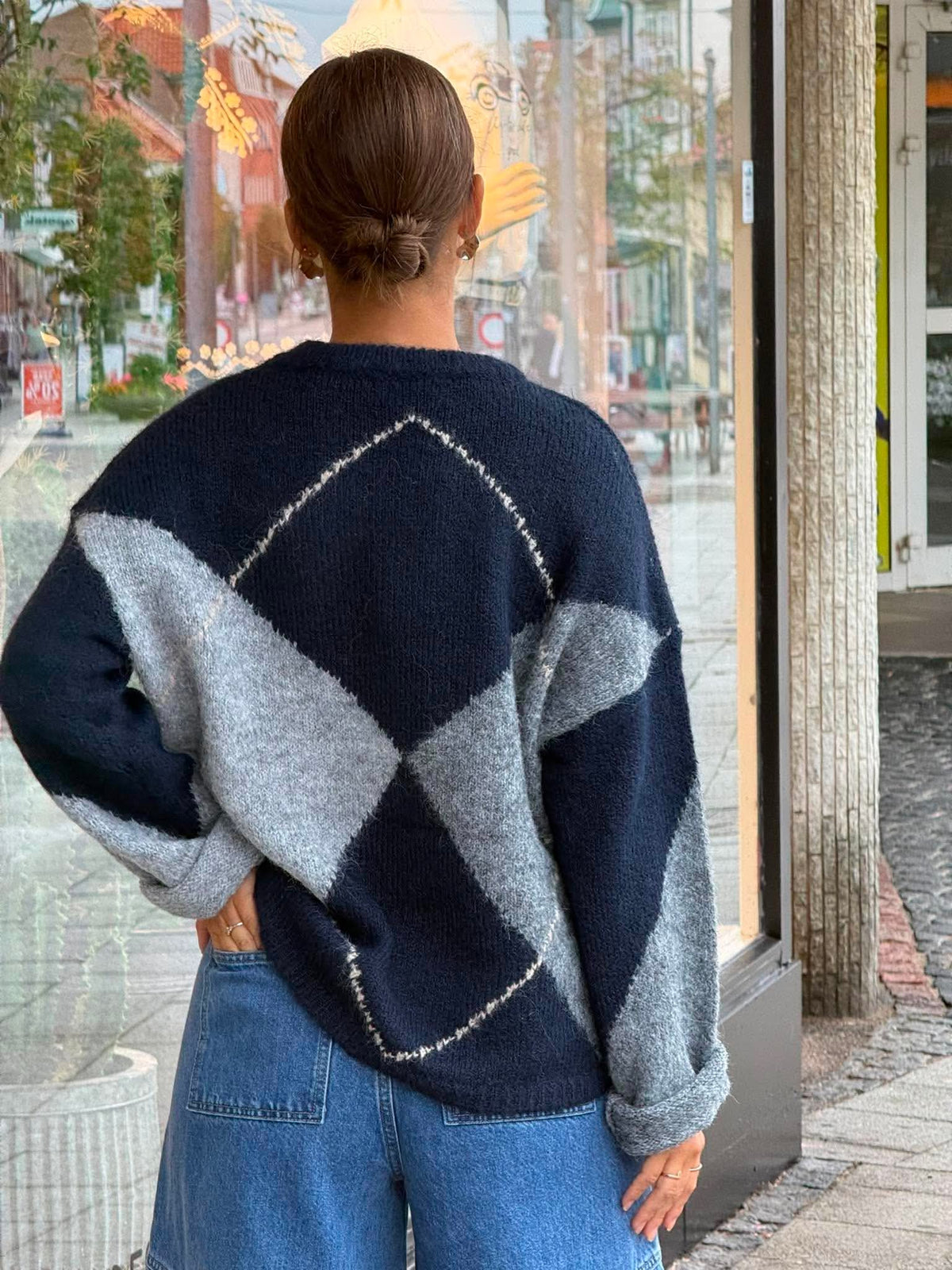 Inga Check Fluff Knit Blouse - Navy
