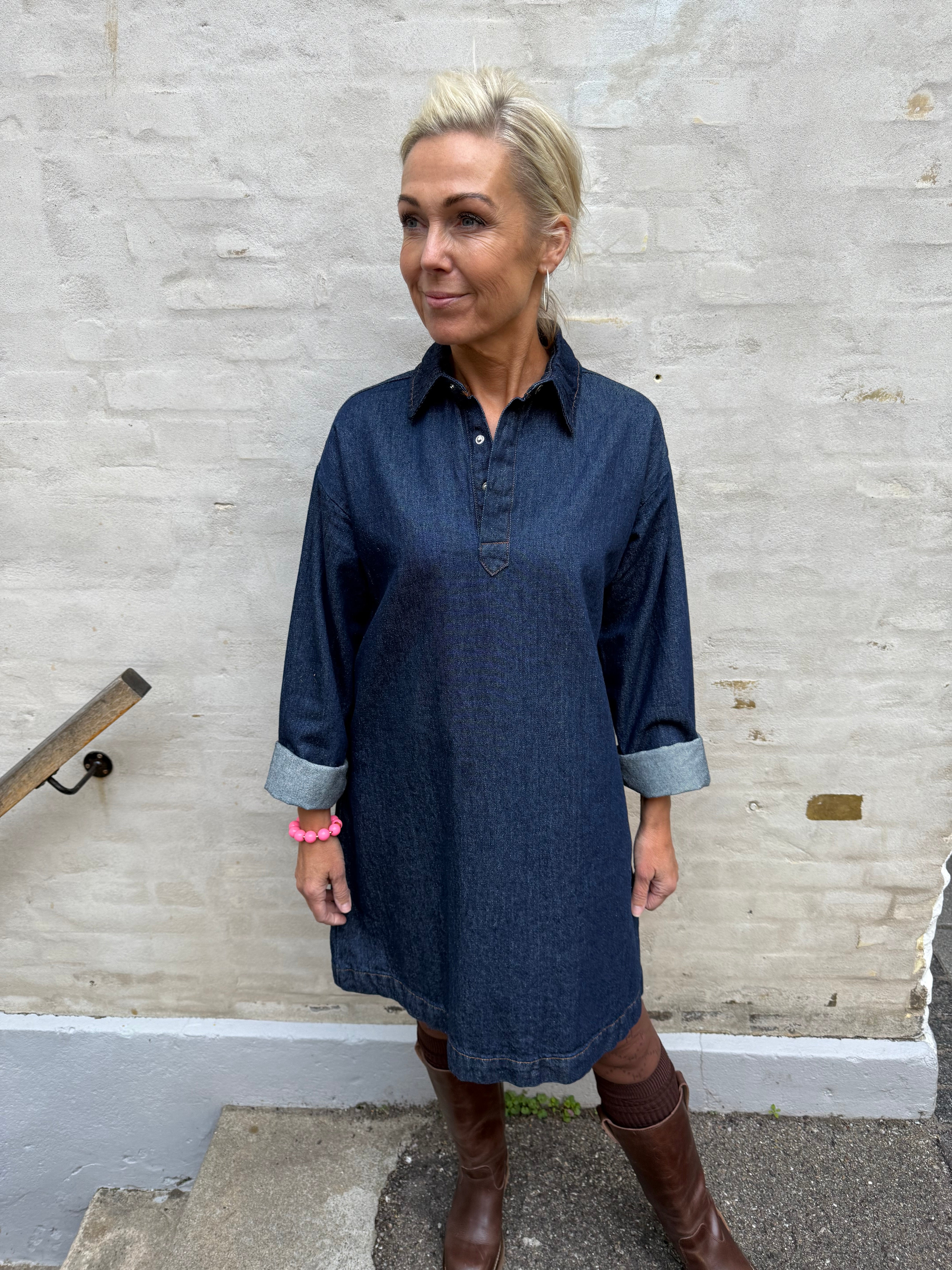 KENYA A-SHAPE DENIM DRESS - Dark Blue Denim/Rinse