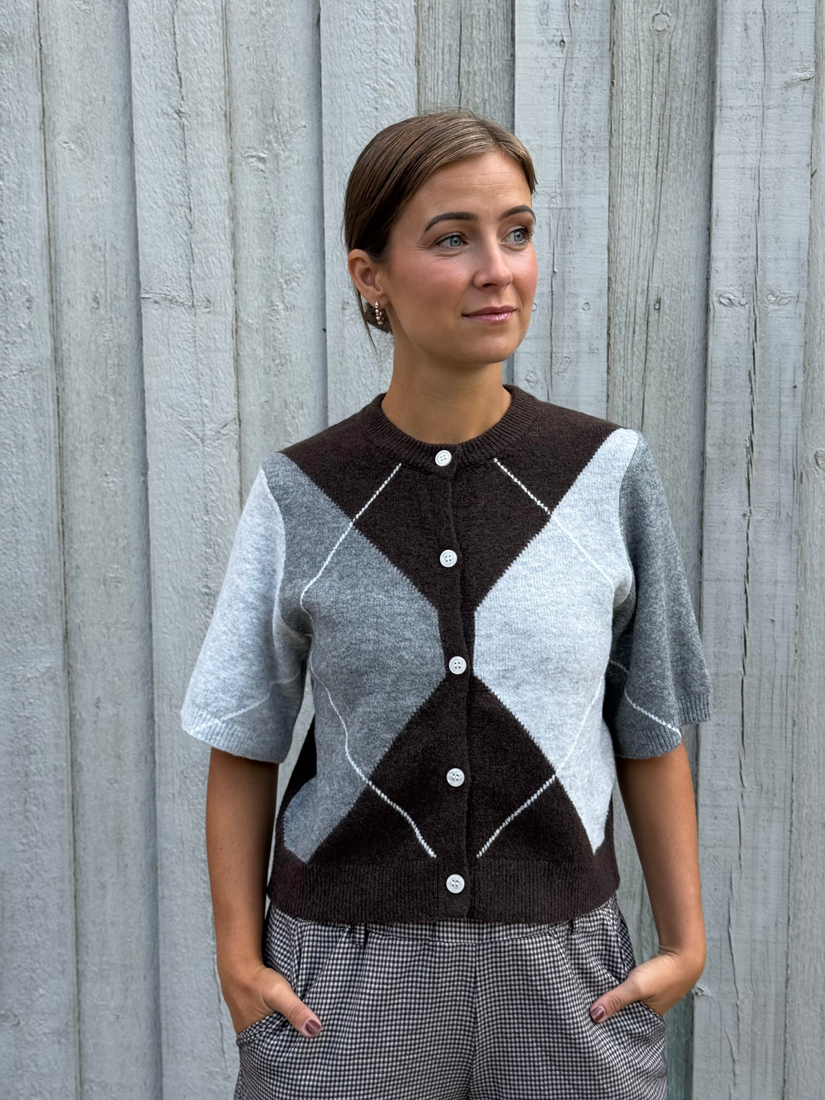 SALLY SS KNIT CHECK CARDIGAN - Hot Fudge/GREY/BIRCH