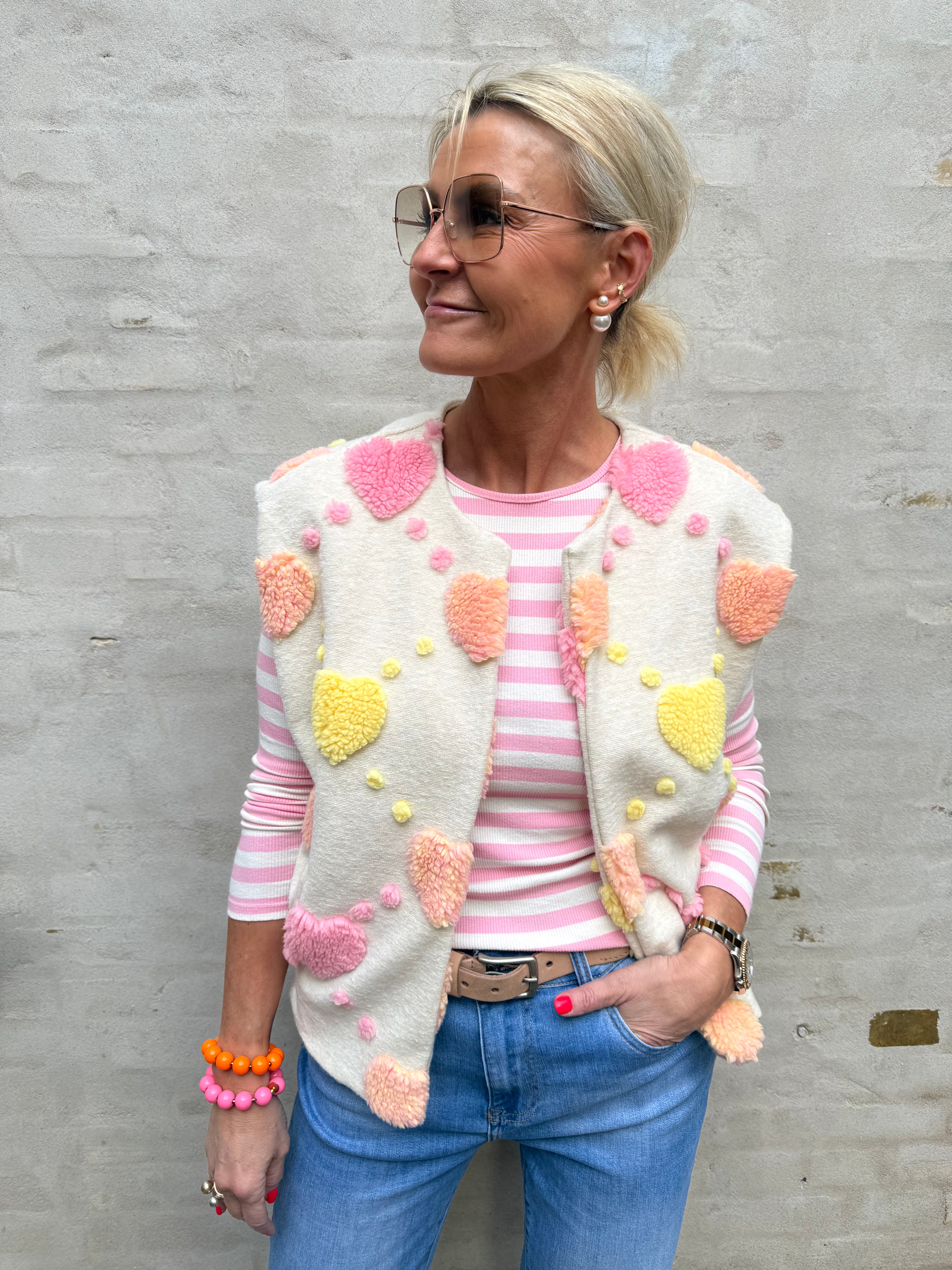 Frida Teddy Heart Vest - Benvit/Rosa/Gul