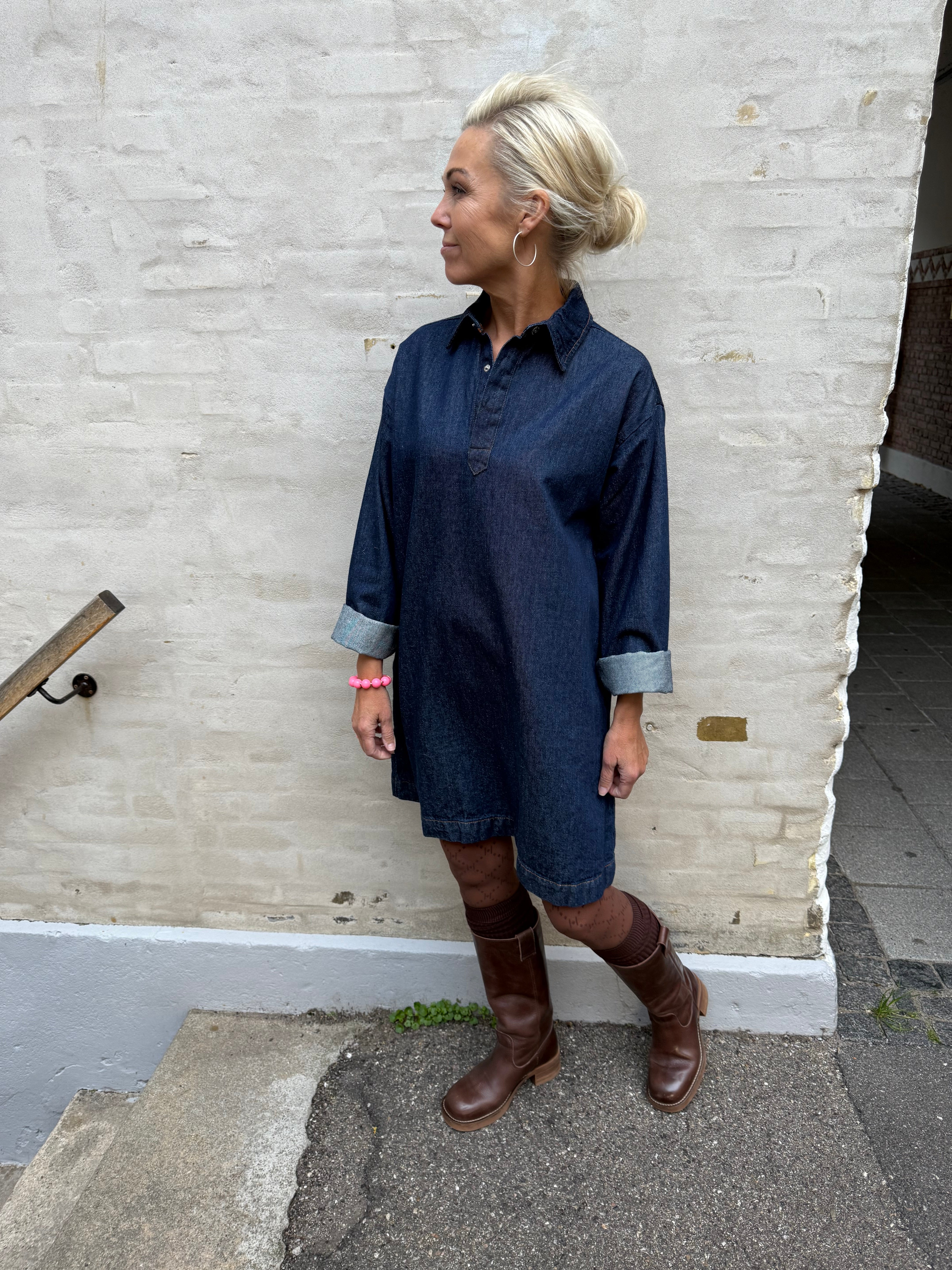 KENYA A-SHAPE DENIM DRESS - Dark Blue Denim/Rinse