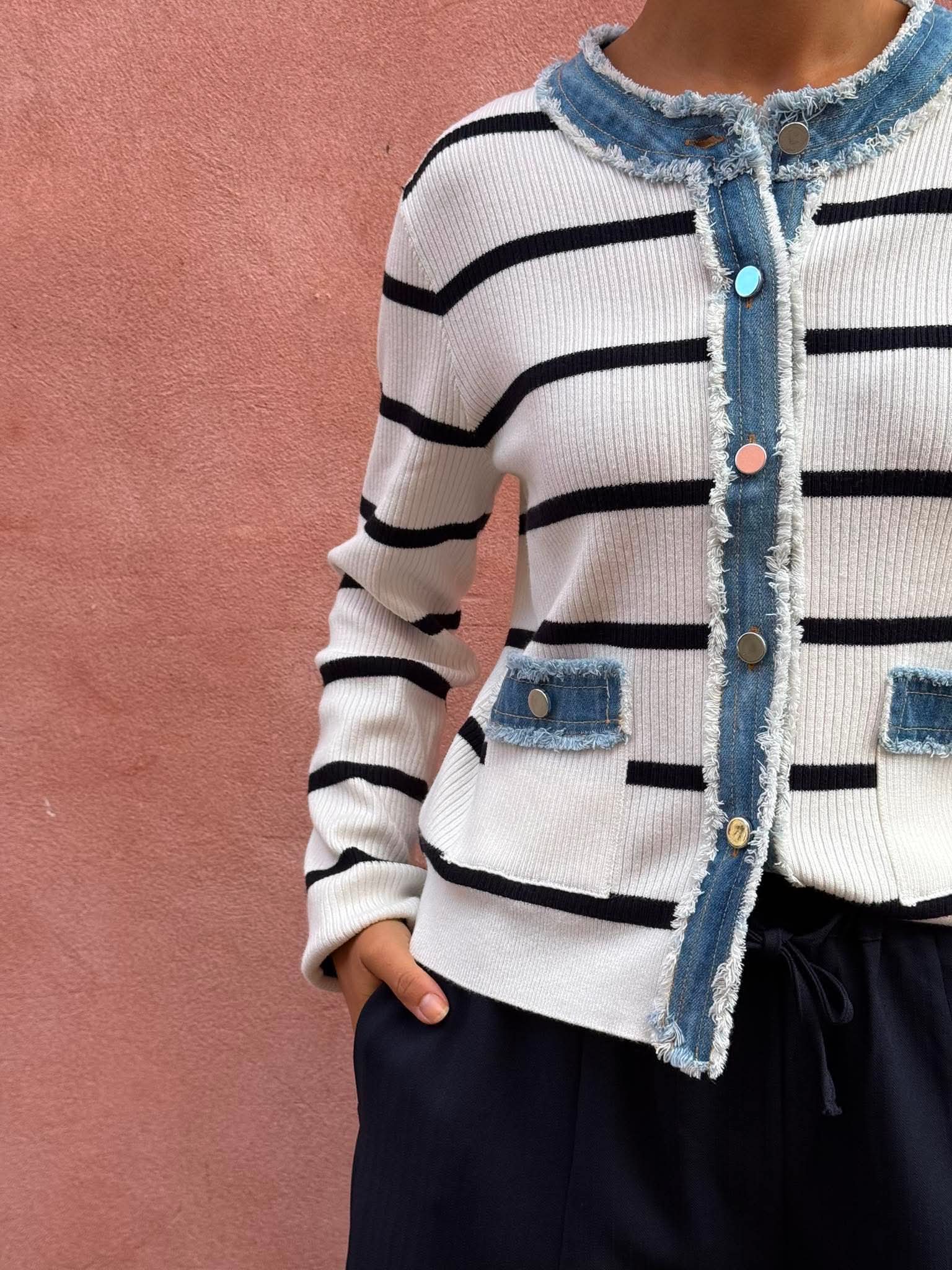 Zelma Stripe Denim Cardigan - Off White