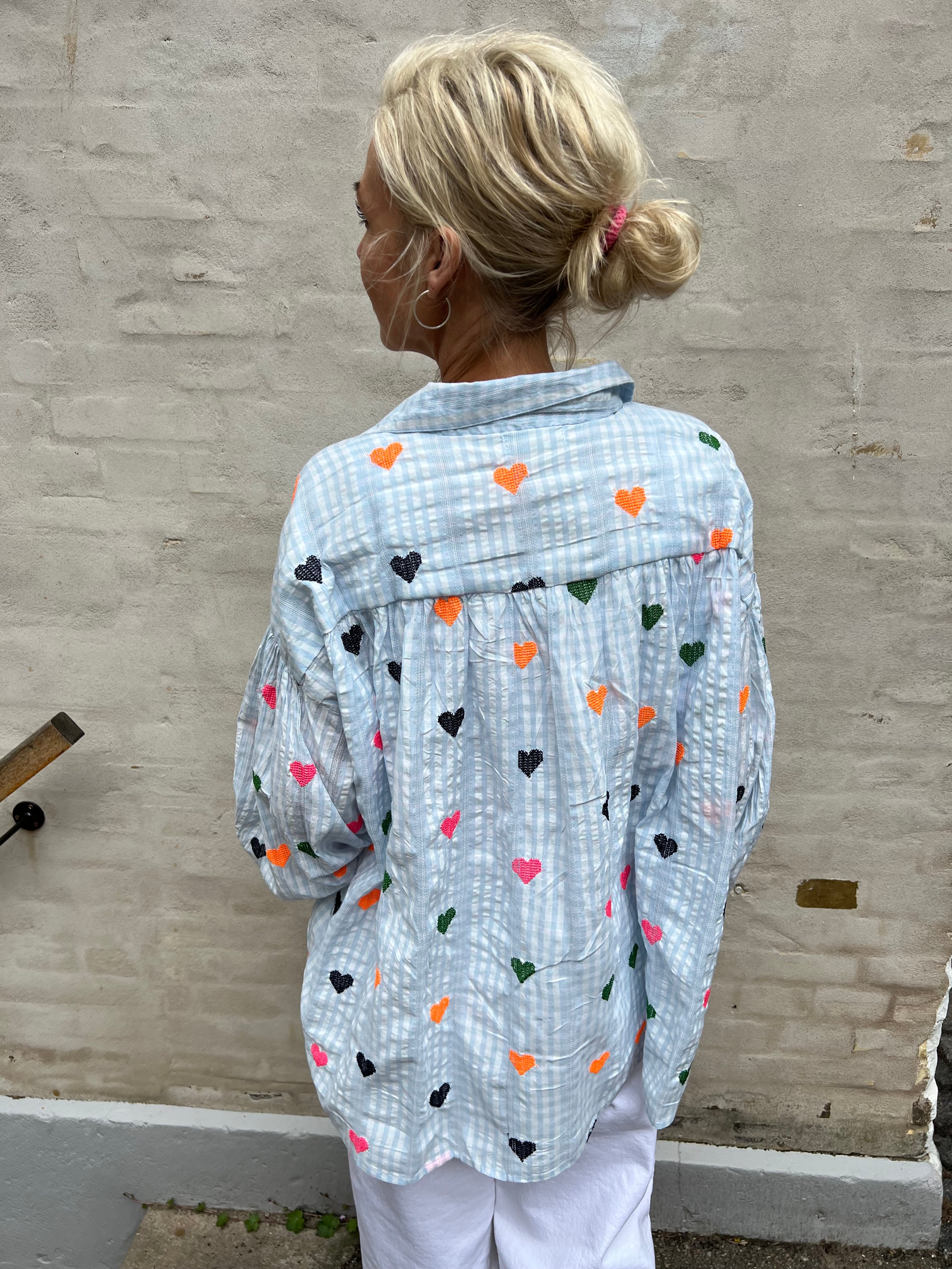 Check heart emb shirt blue