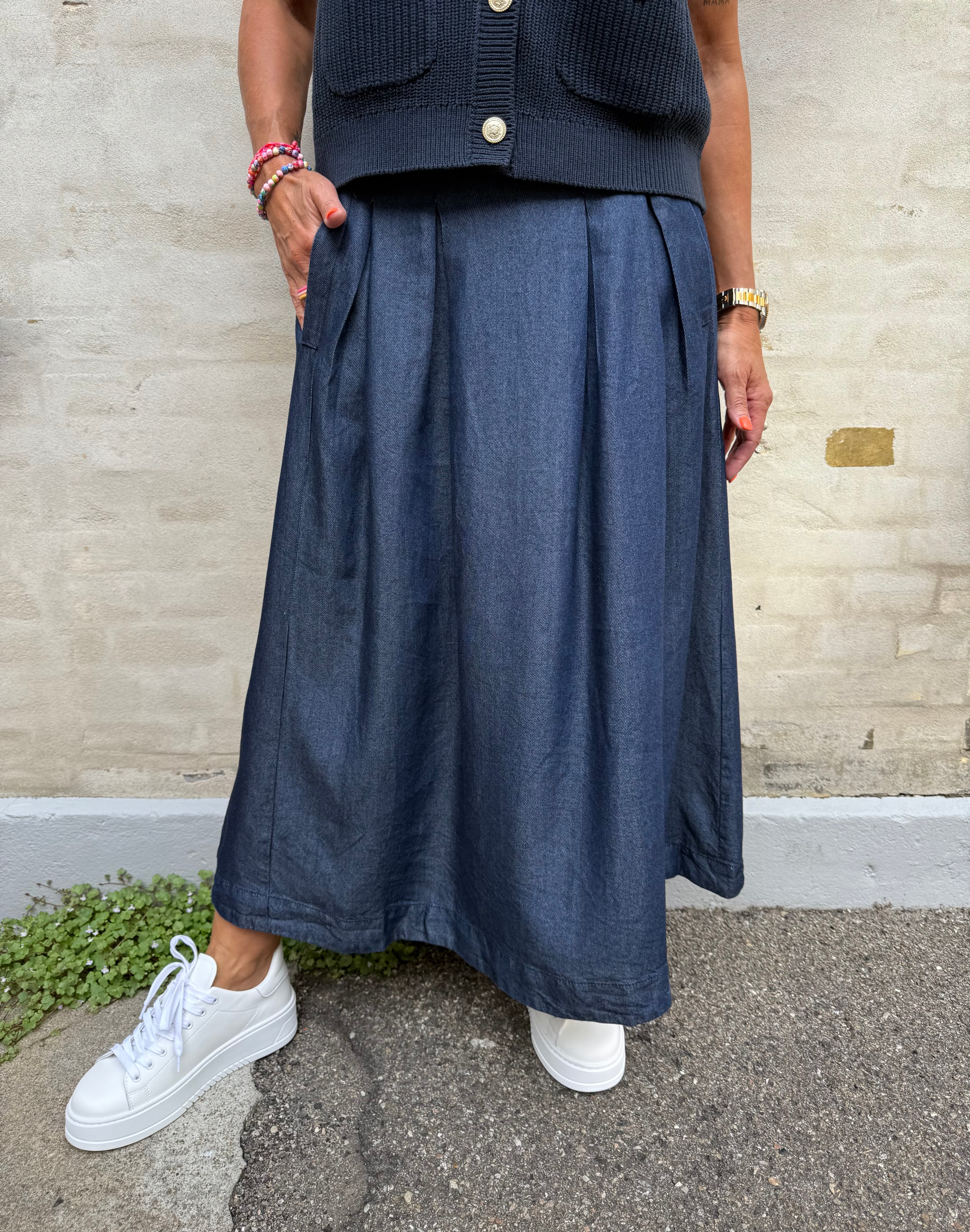 Anya Denim Pleat Skirt - Dark Denim