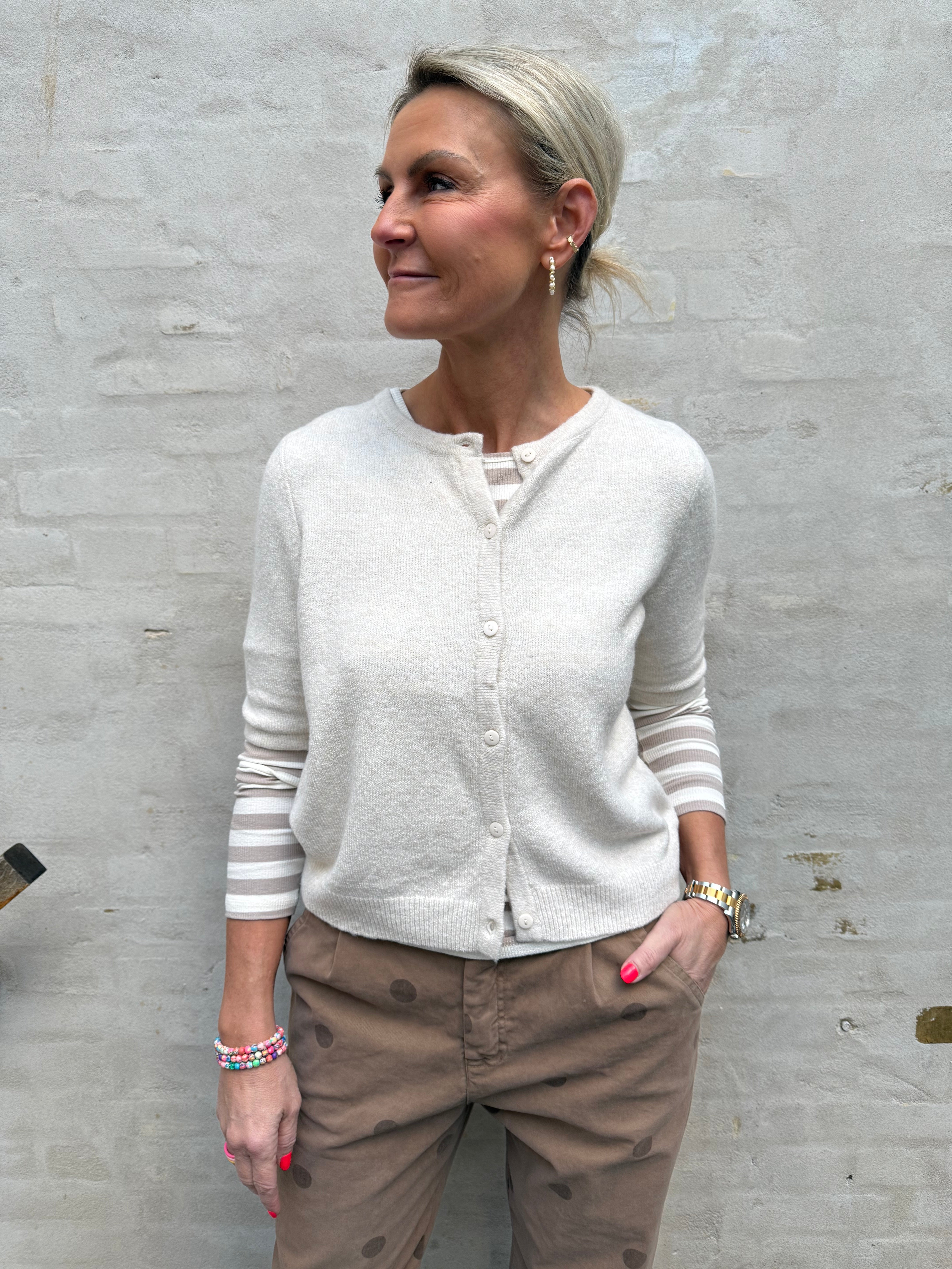 DOFFY 2/4 O-NECK BUTTON CARDIGAN - Birch MELANGE