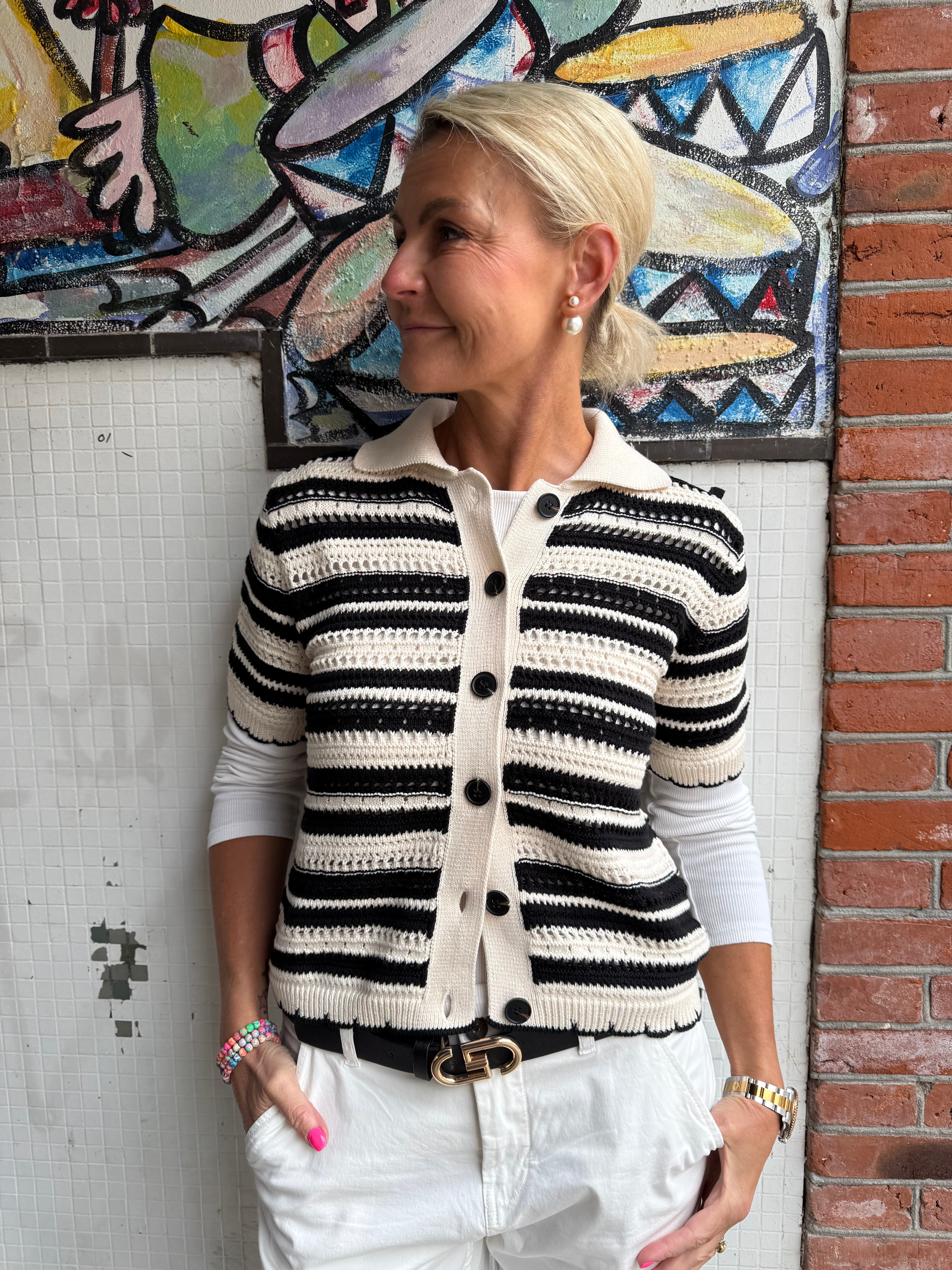 OdetteCC Stripe SS Cardigan - OffWhite-Black