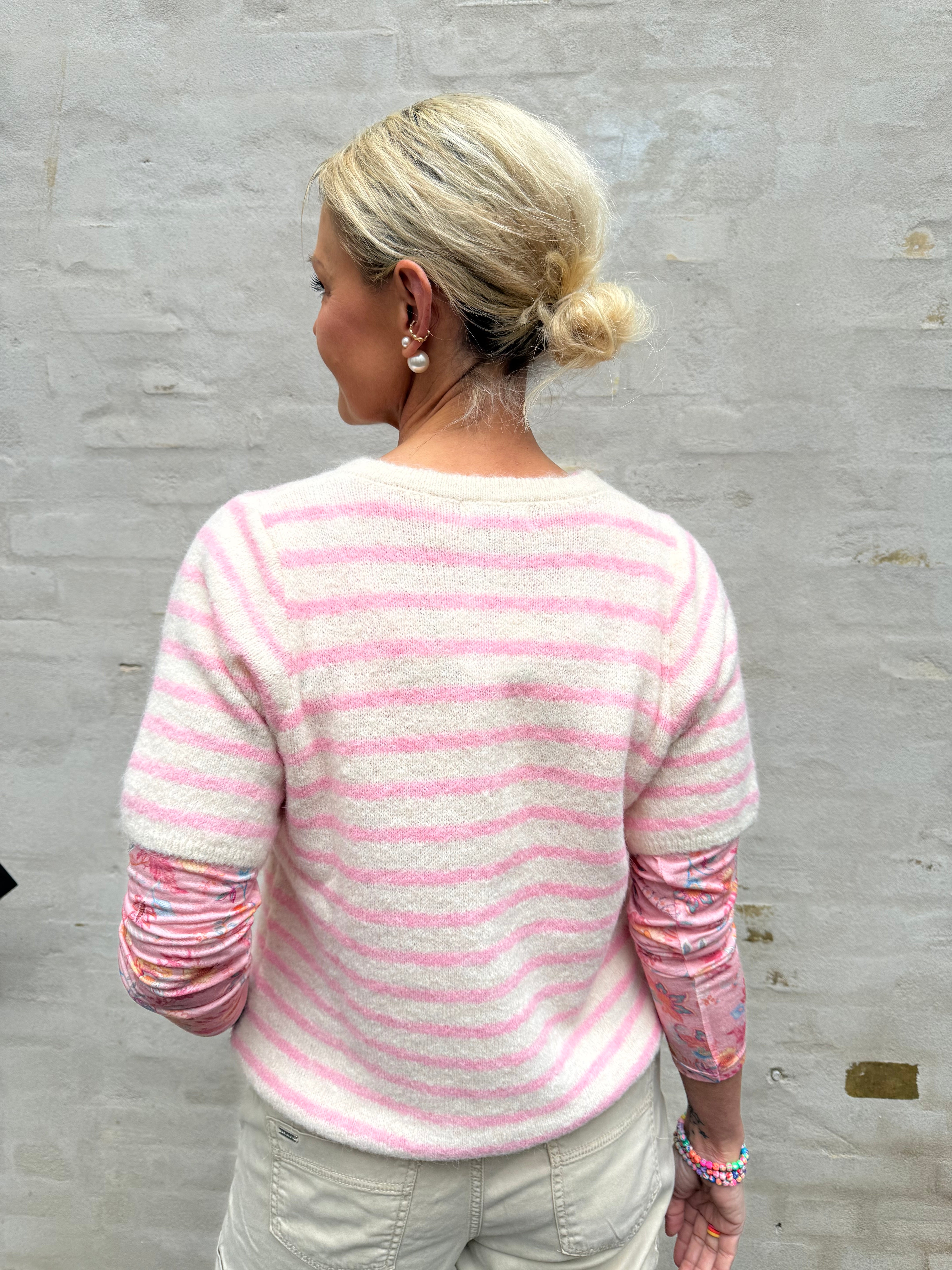 Striped T-shirt Cardigan - Off White/Light Pink