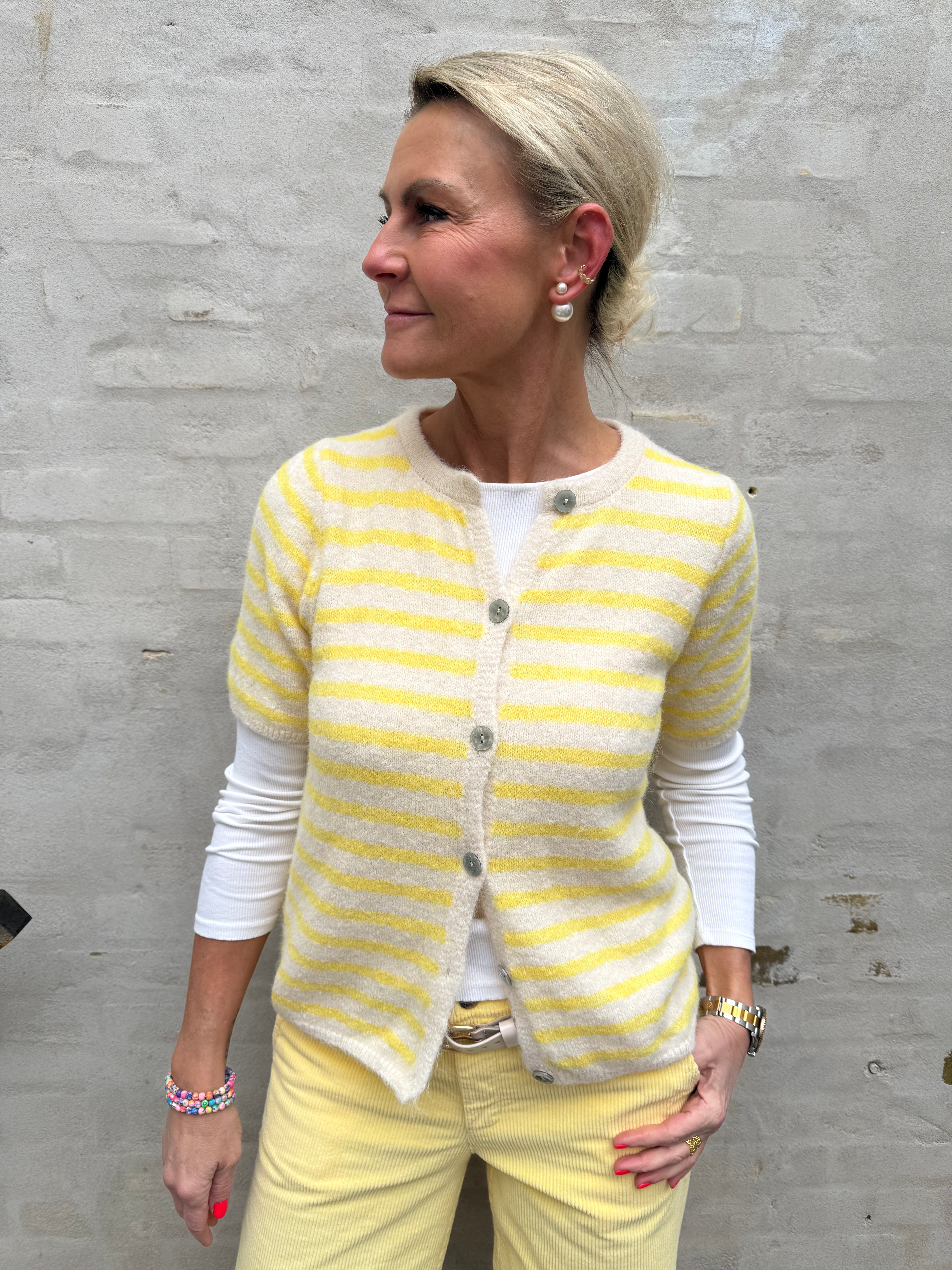 Striped T-shirt Cardigan - Off White/Yellow