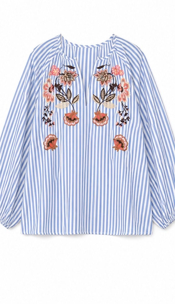 Boheme Shirt W/Embrodery & Stripes - Blue