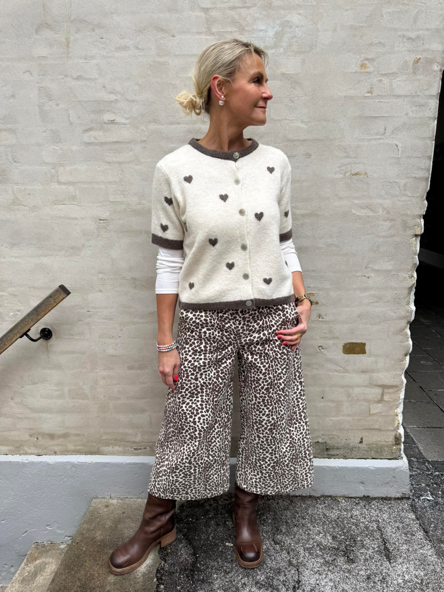 T-shirt Cardigan with hearts - Off White/Mud