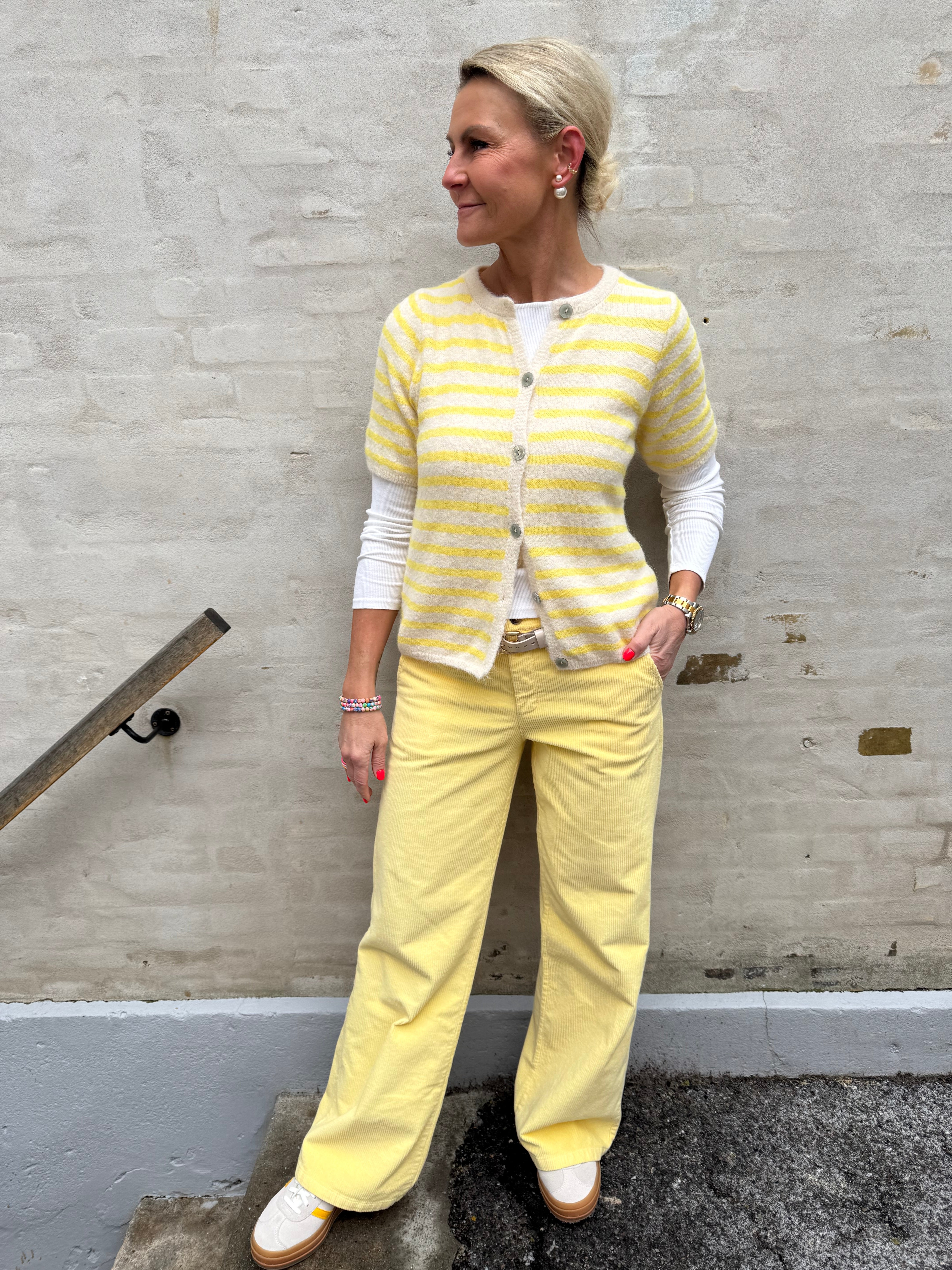 Striped T-shirt Cardigan - Off White/Yellow