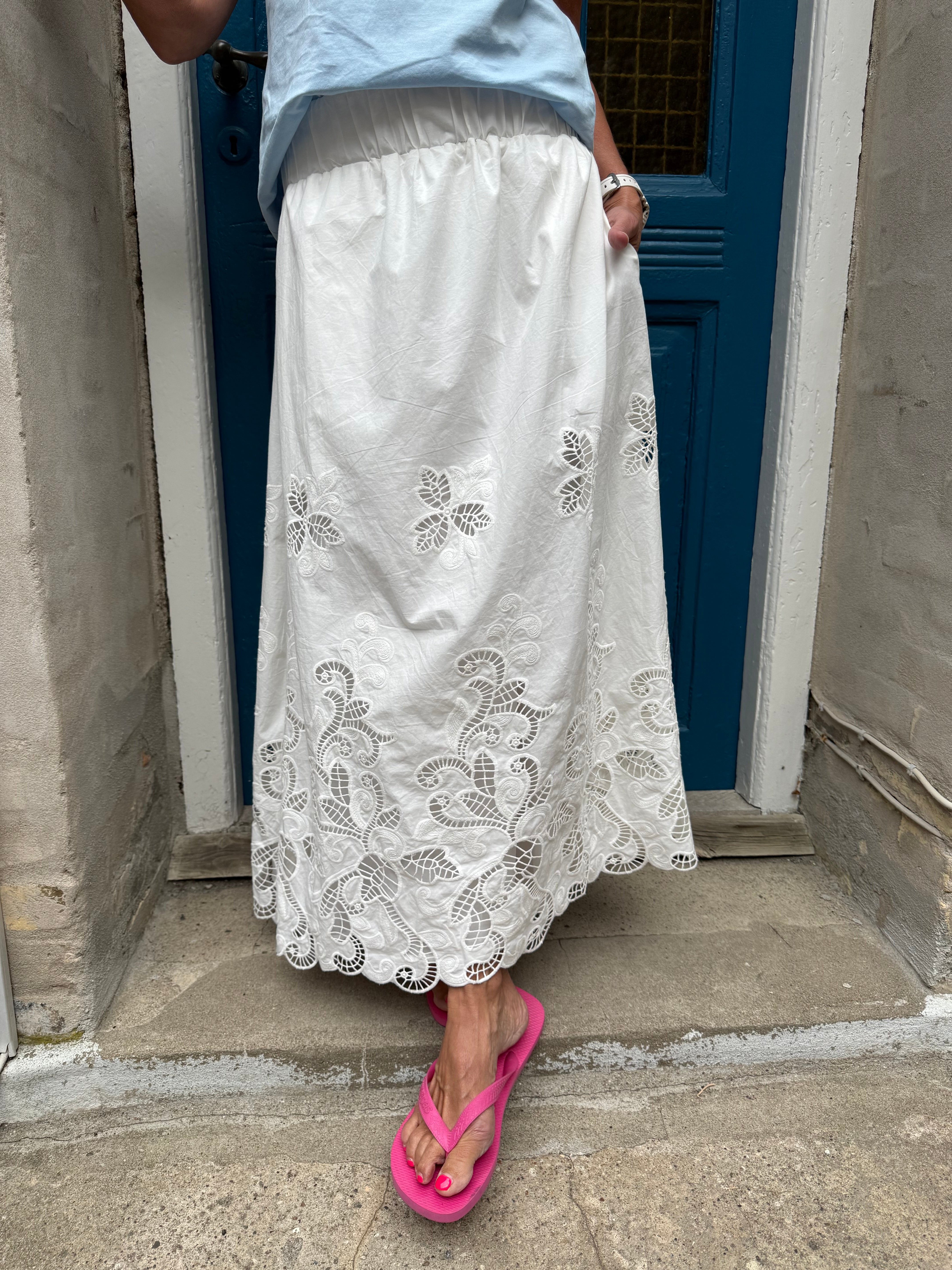 Yara Long EMB Skirt - White