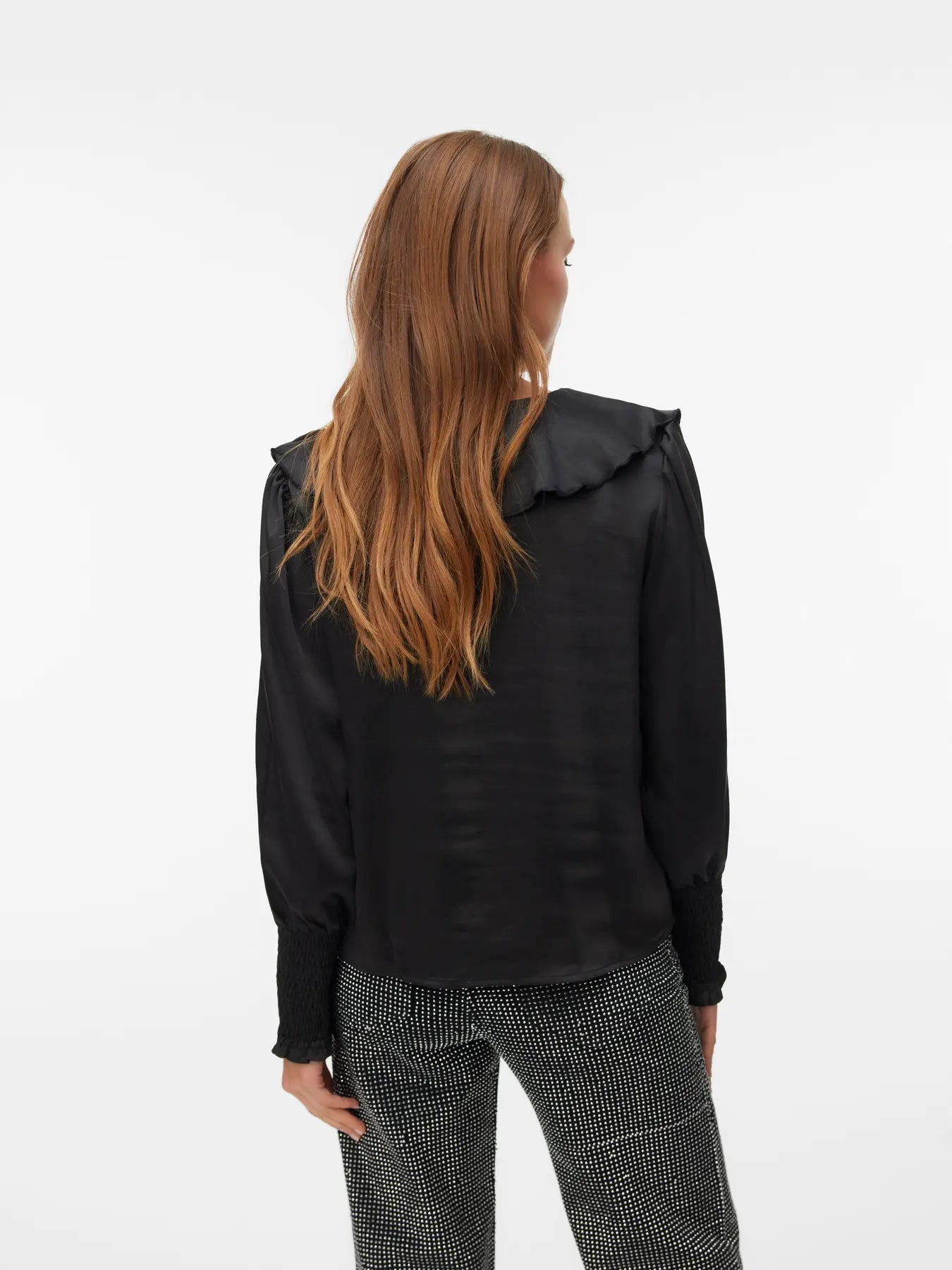 BEA LS V-NECK FRILL BLOUSE - Black