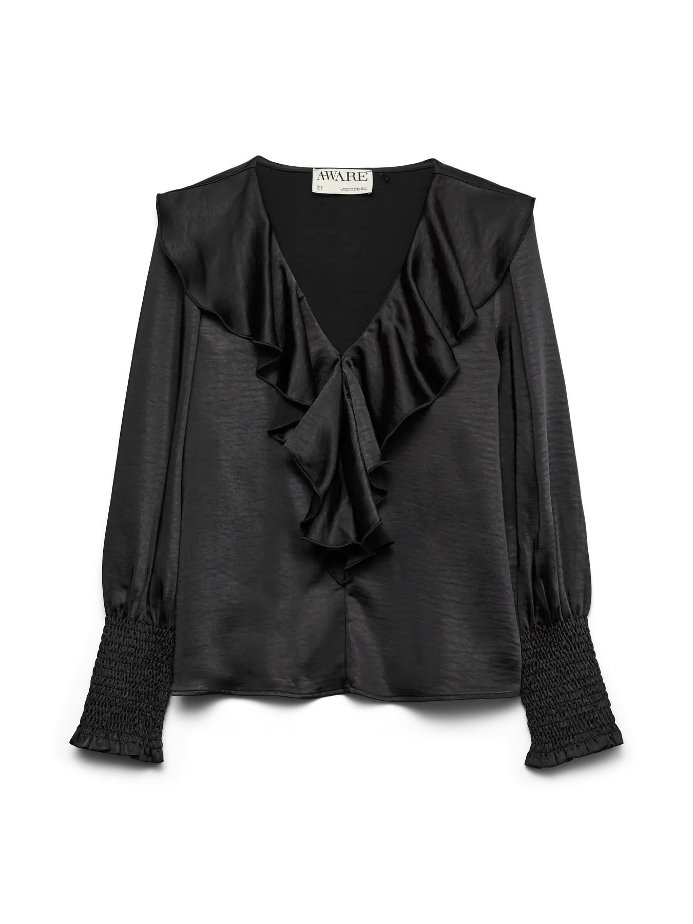 BEA LS V-NECK FRILL BLOUSE - Black