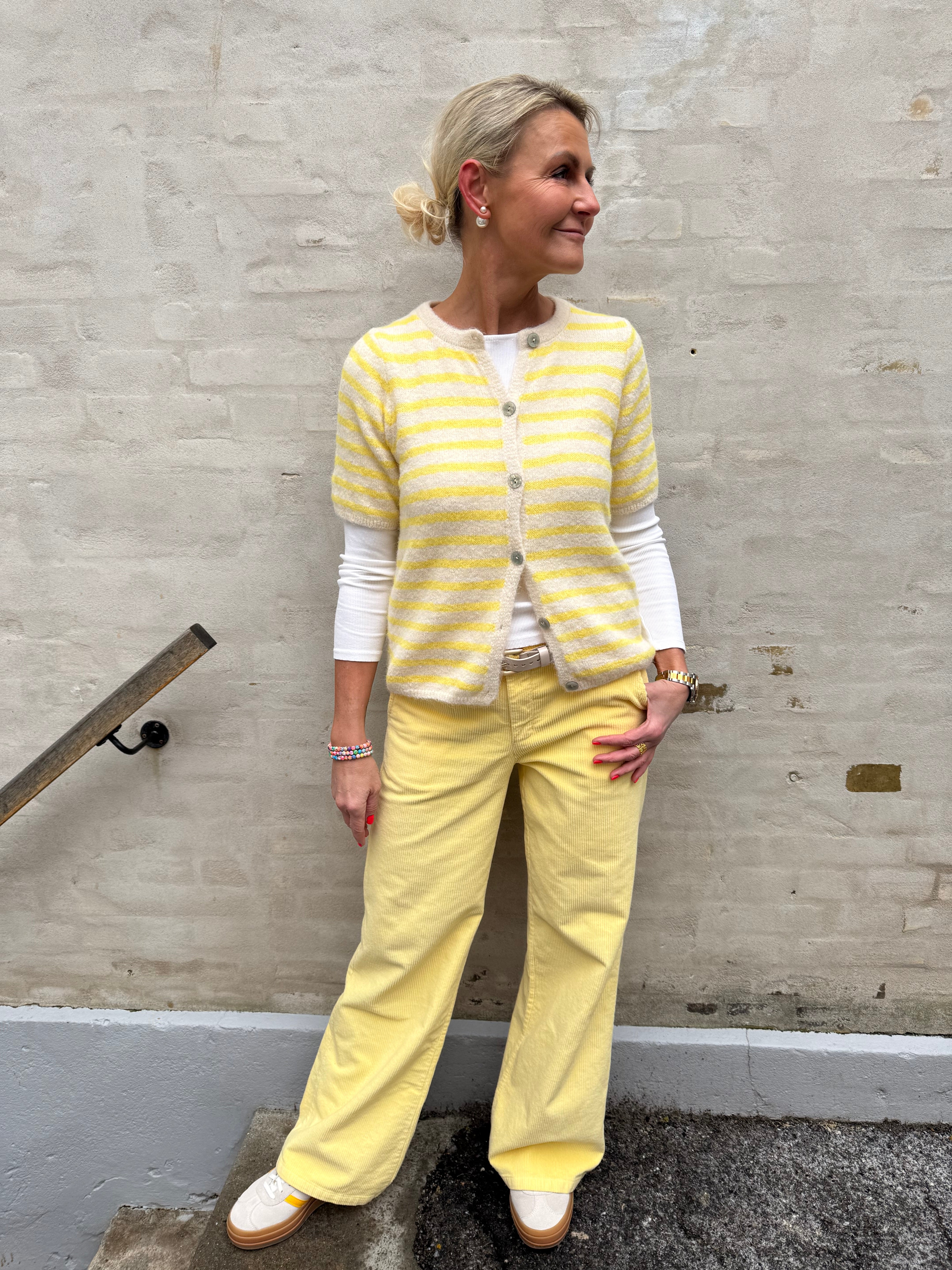 Striped T-shirt Cardigan - Off White/Yellow