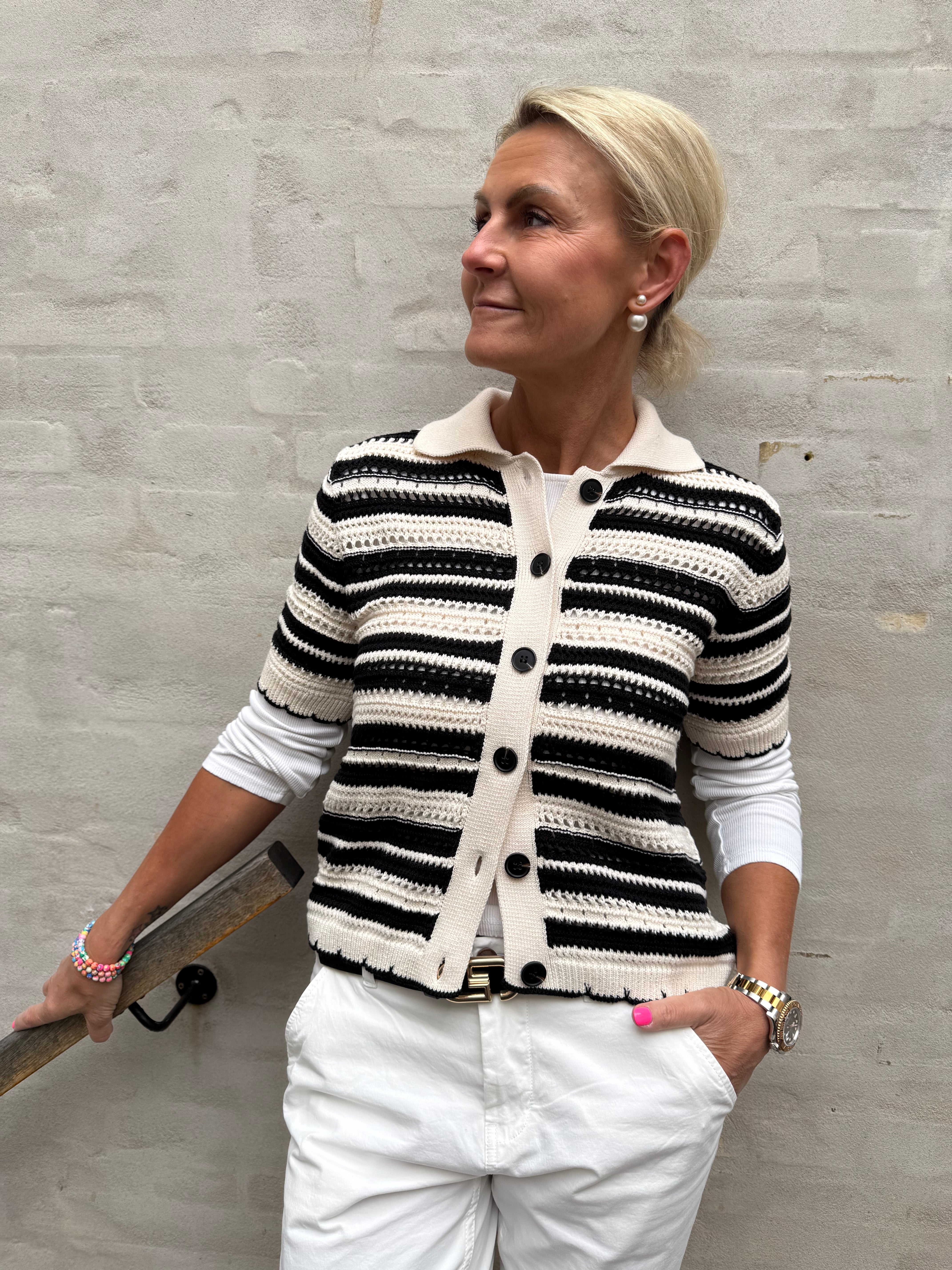 OdetteCC Stripe SS Cardigan - OffWhite-Black