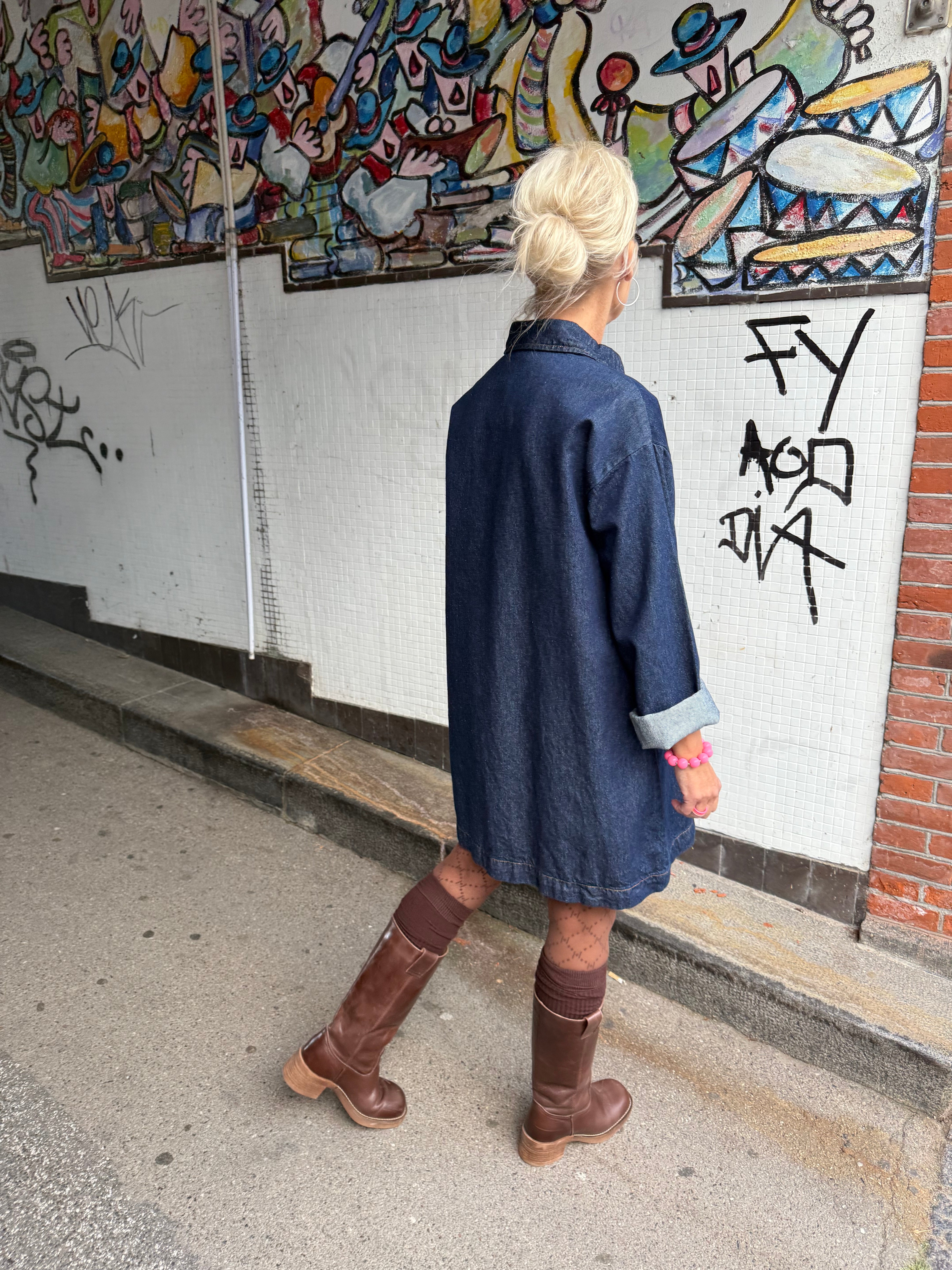 KENYA A-SHAPE DENIM DRESS - Dark Blue Denim/Rinse
