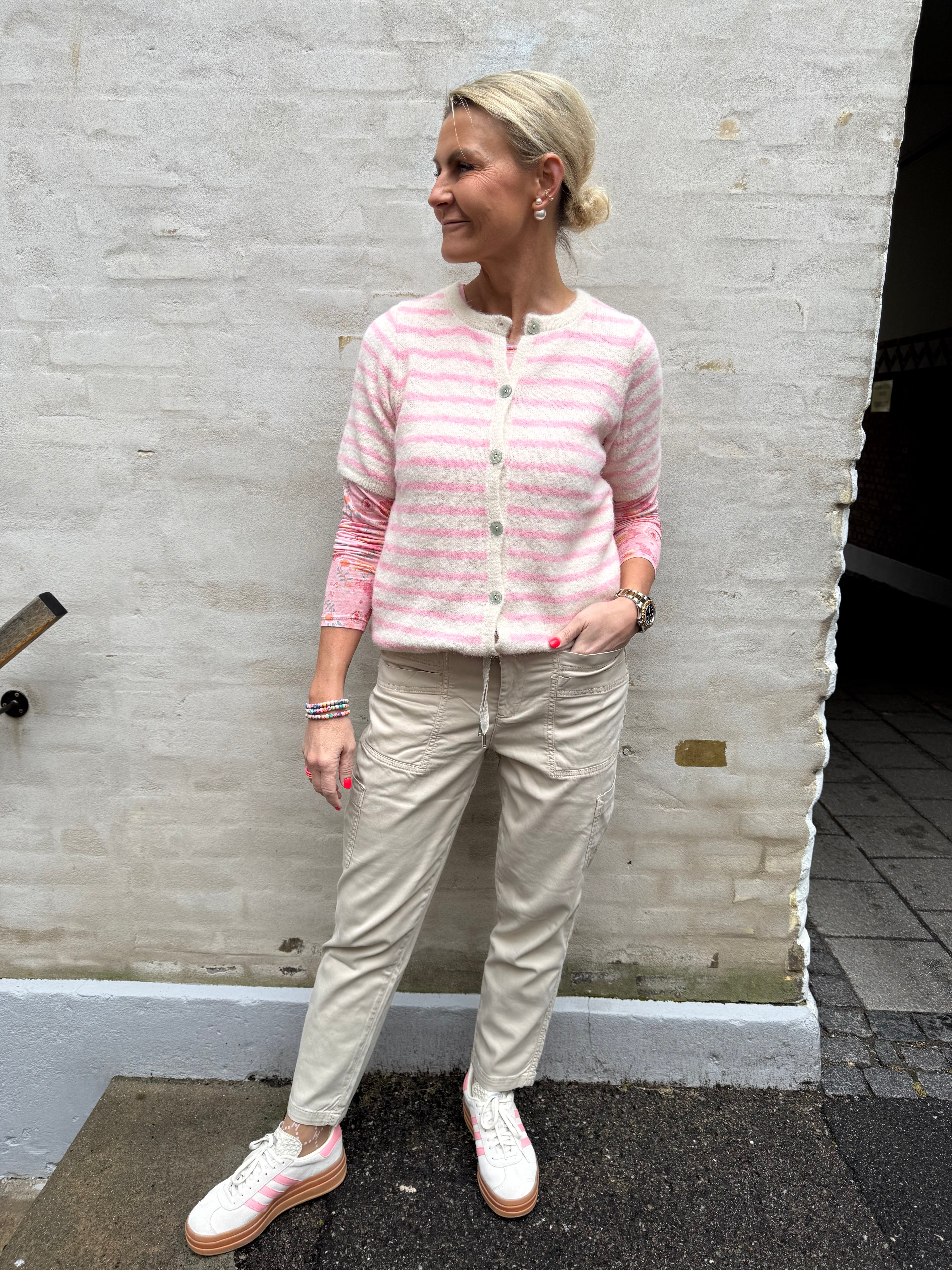 Striped T-shirt Cardigan - Off White/Light Pink