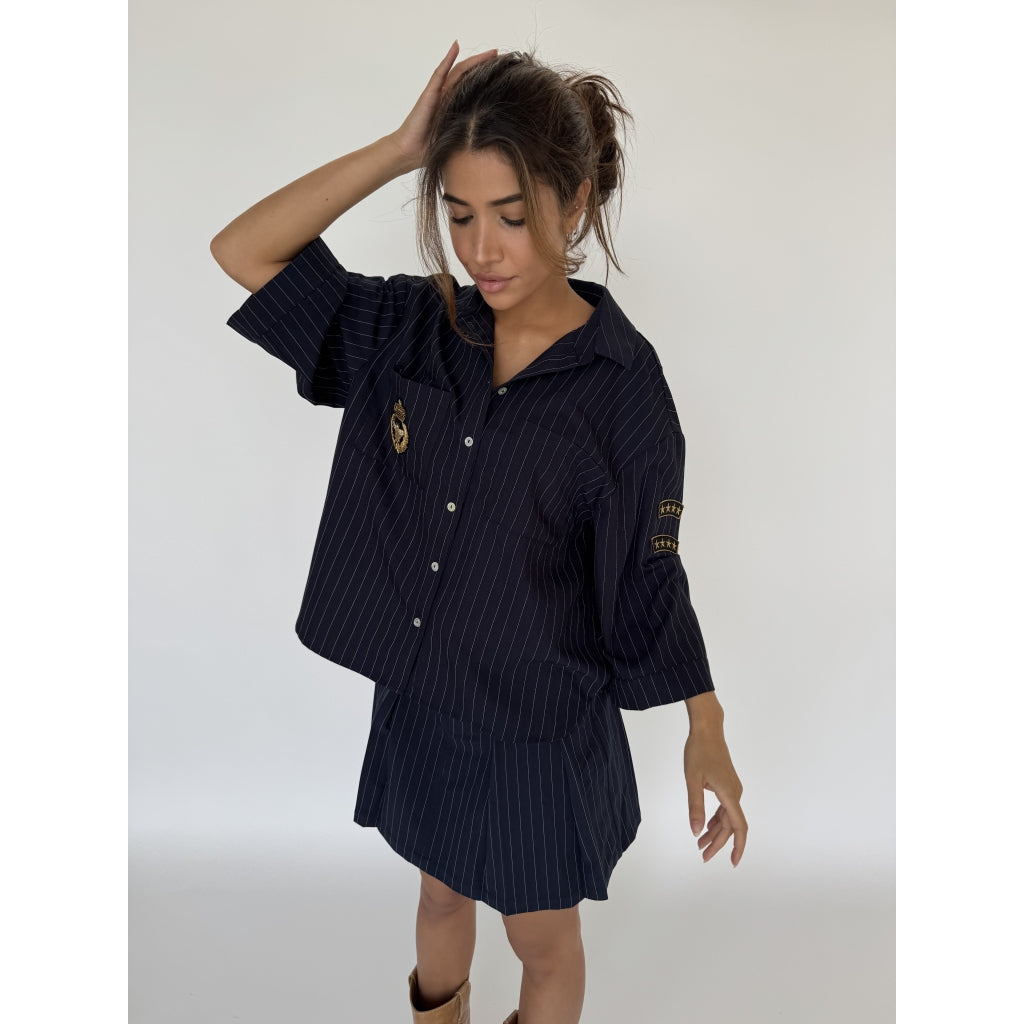 Mili Pinstripe Patch Blouse - Navy Blue Stripe