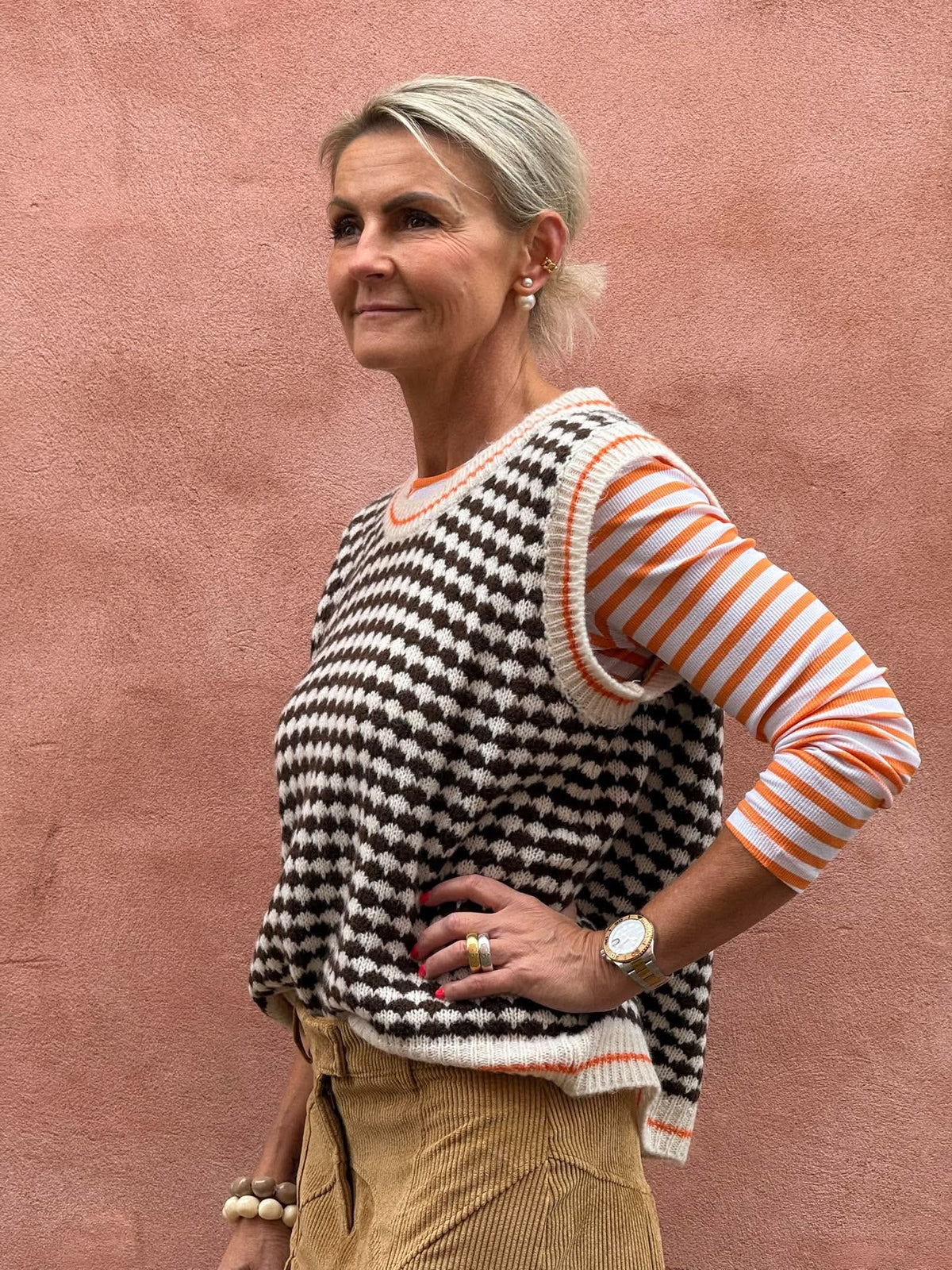 Anny Knitted Vest - White/Brown