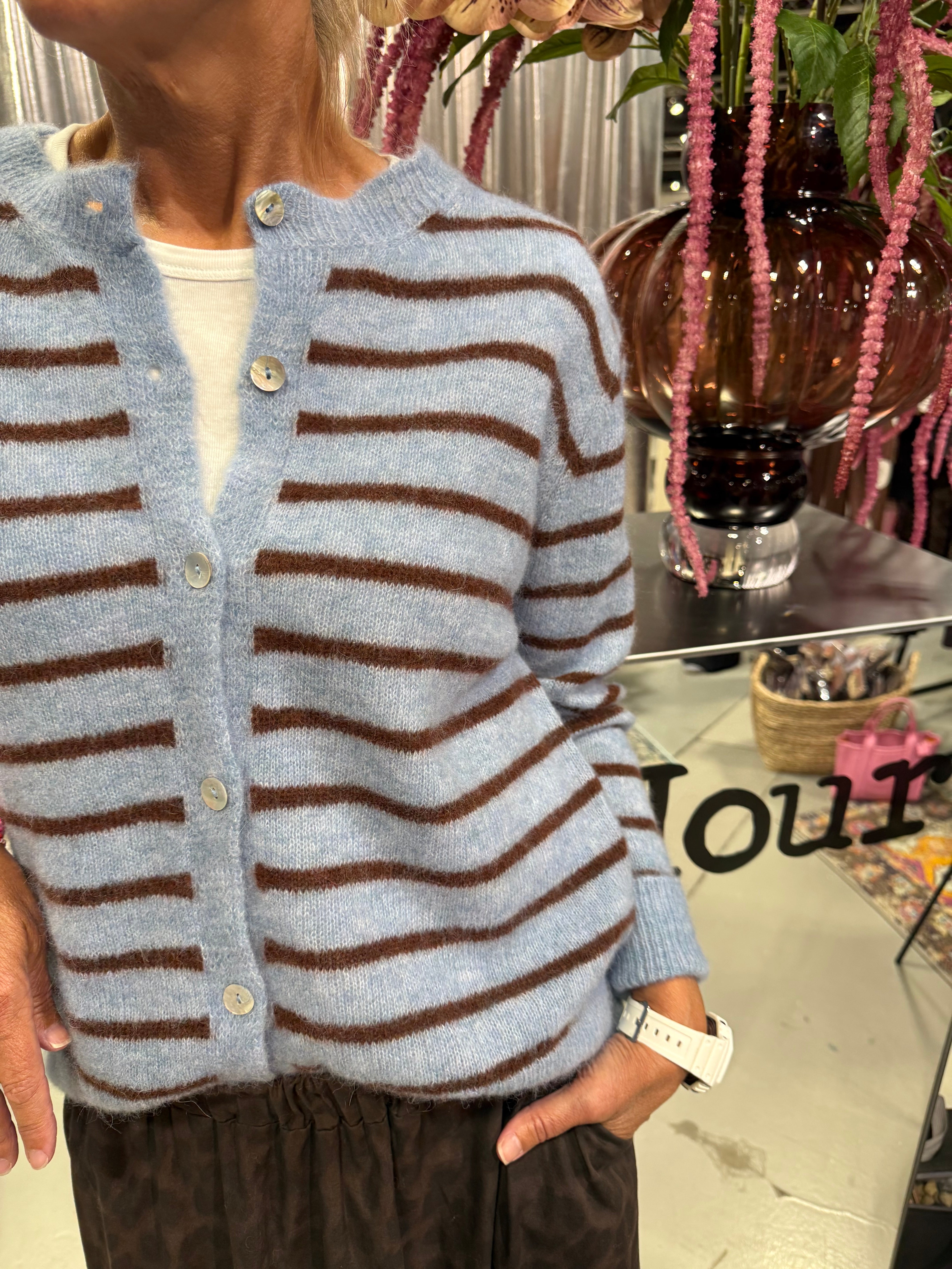 PREORDER-DELL Striped Knit Cardigan - Blue
