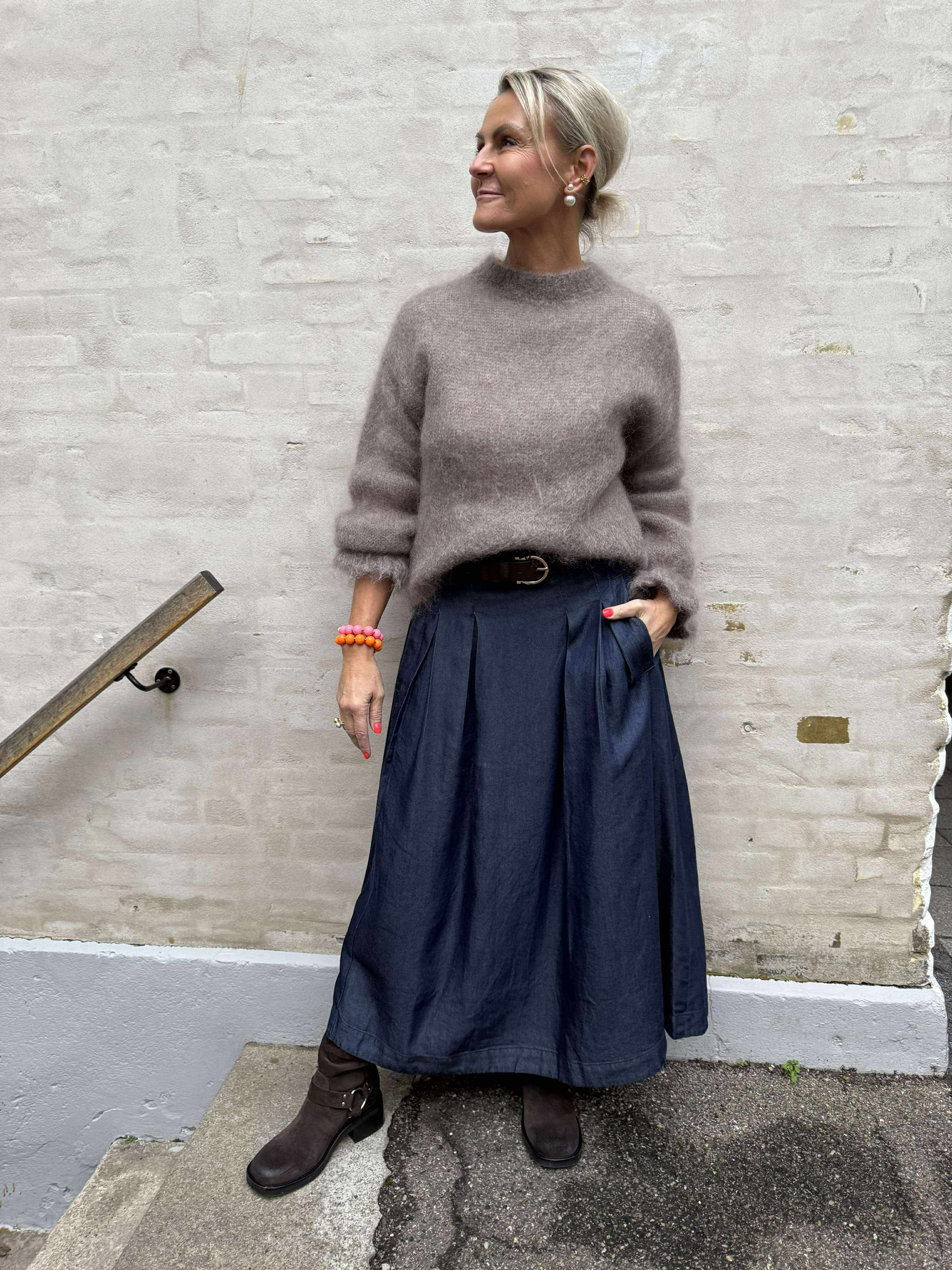 Anya Denim Pleat Skirt - Navy Denim