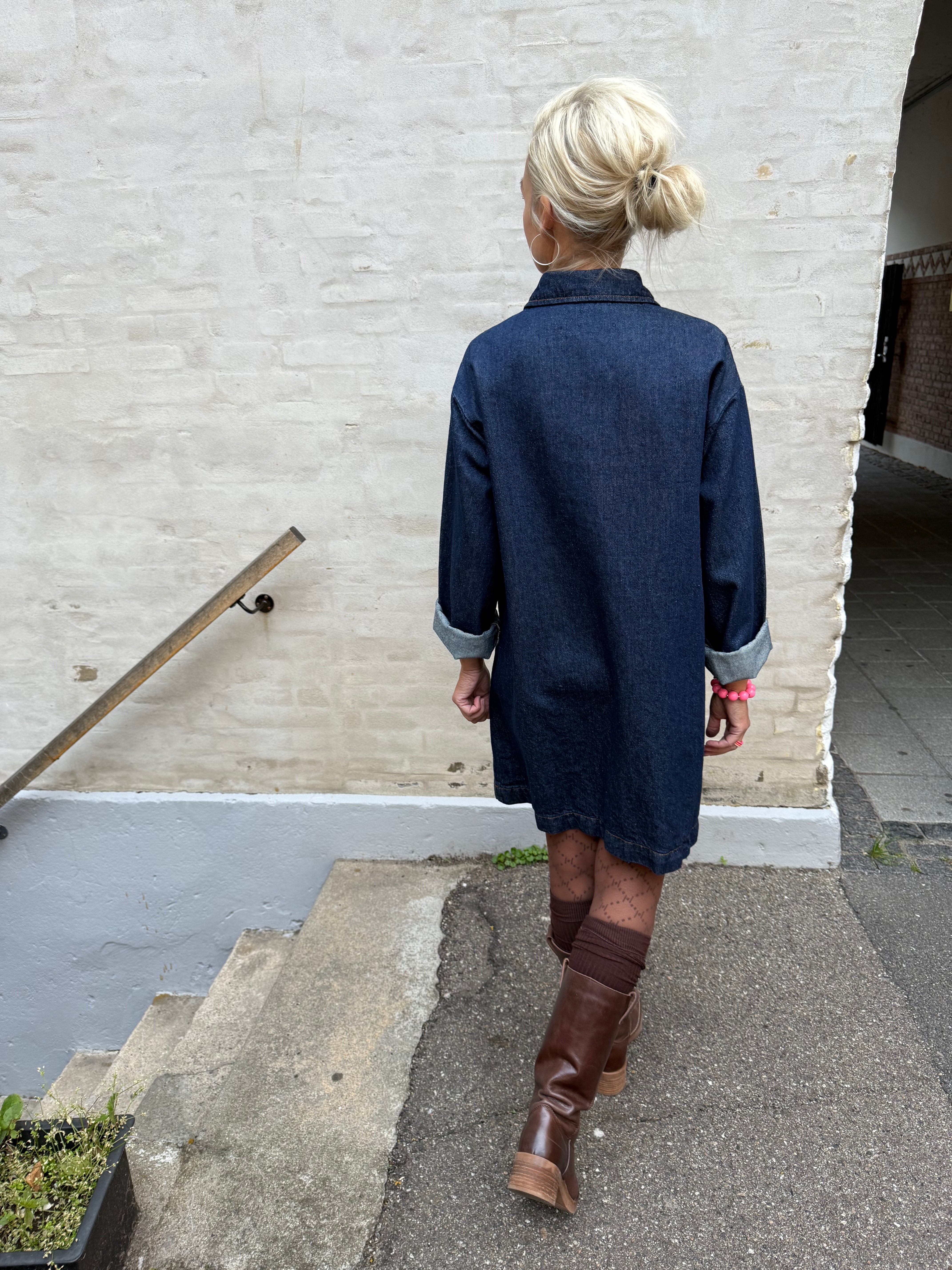 KENYA A-SHAPE DENIM DRESS - Dark Blue Denim/Rinse
