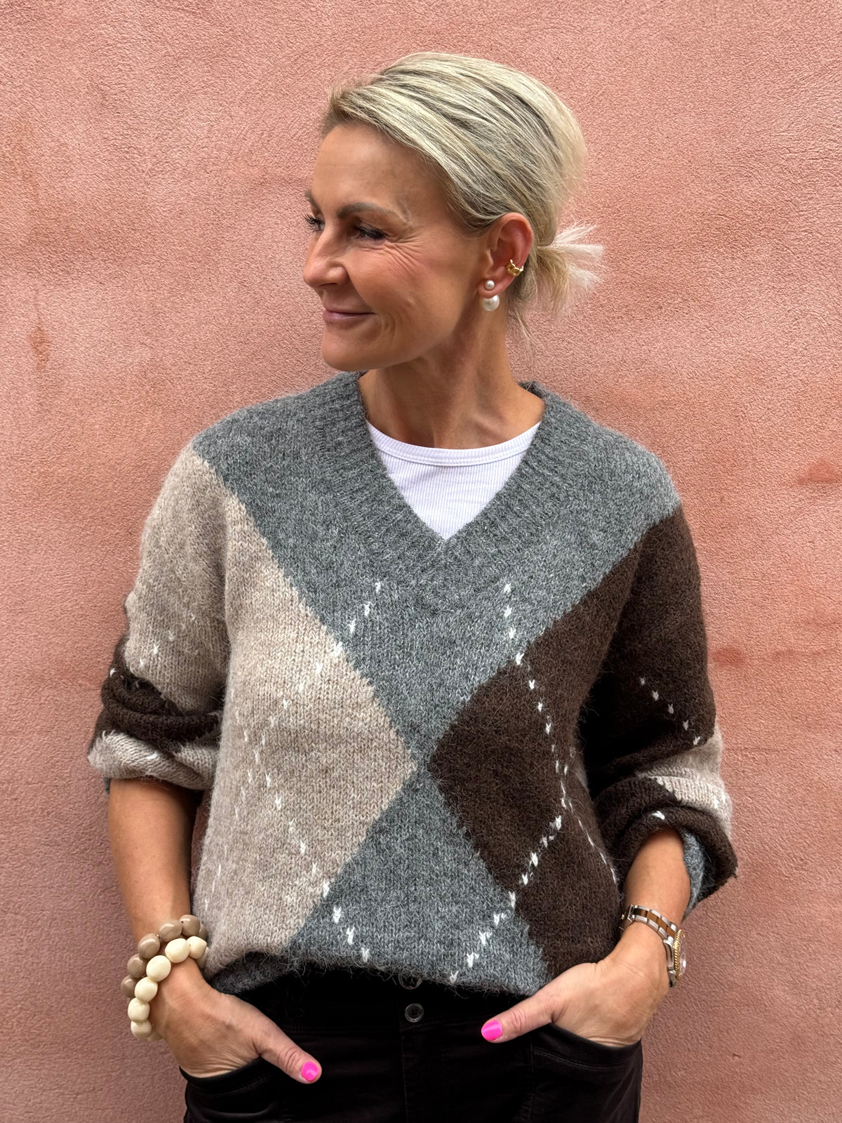 ZOEY L/S VN ARGYLE PULLOVER KNT - Medium Grey Melange/CHATEAU GRAYCHOCOLATE