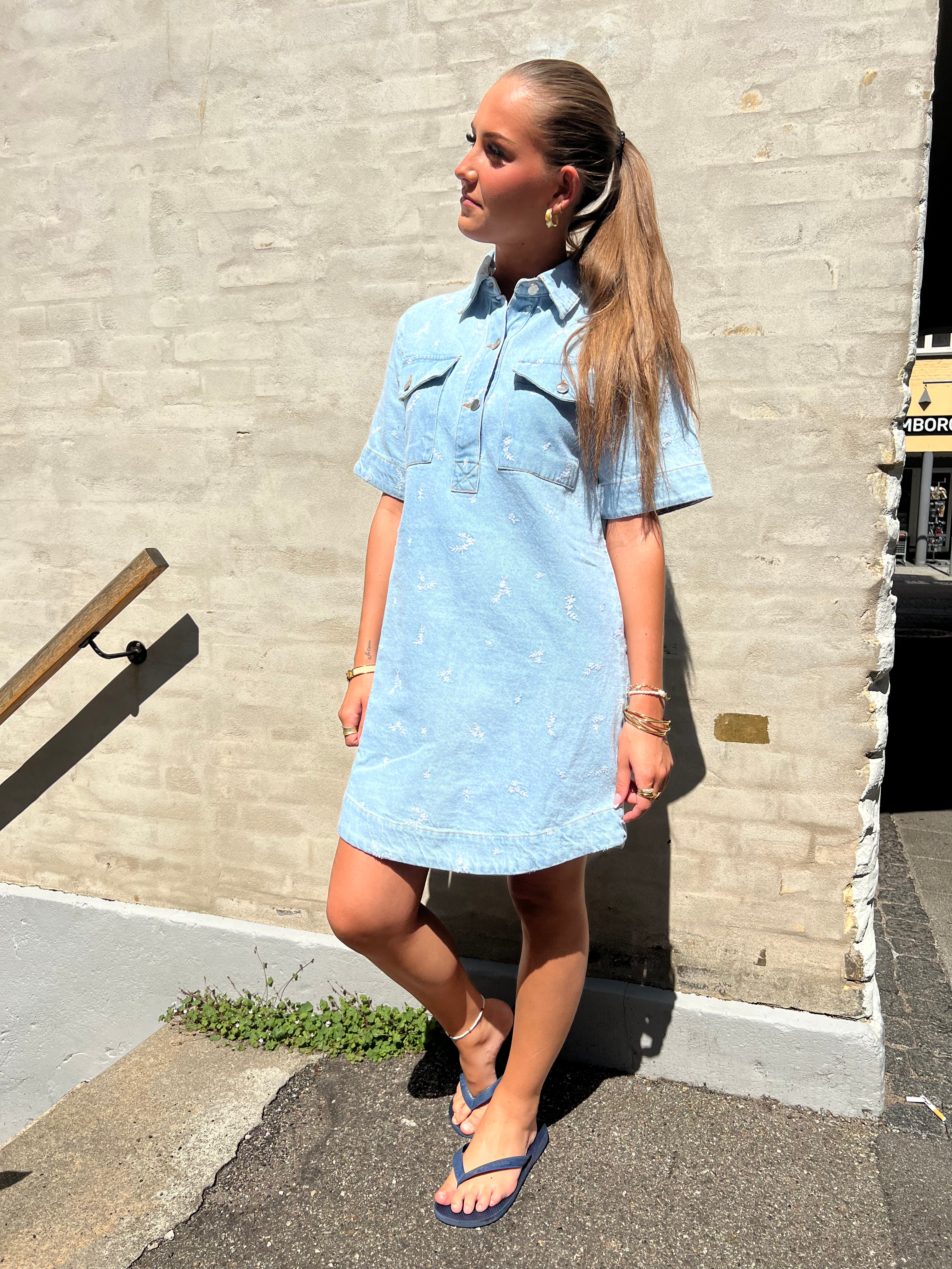 Saras Denim Emb Dress light blue