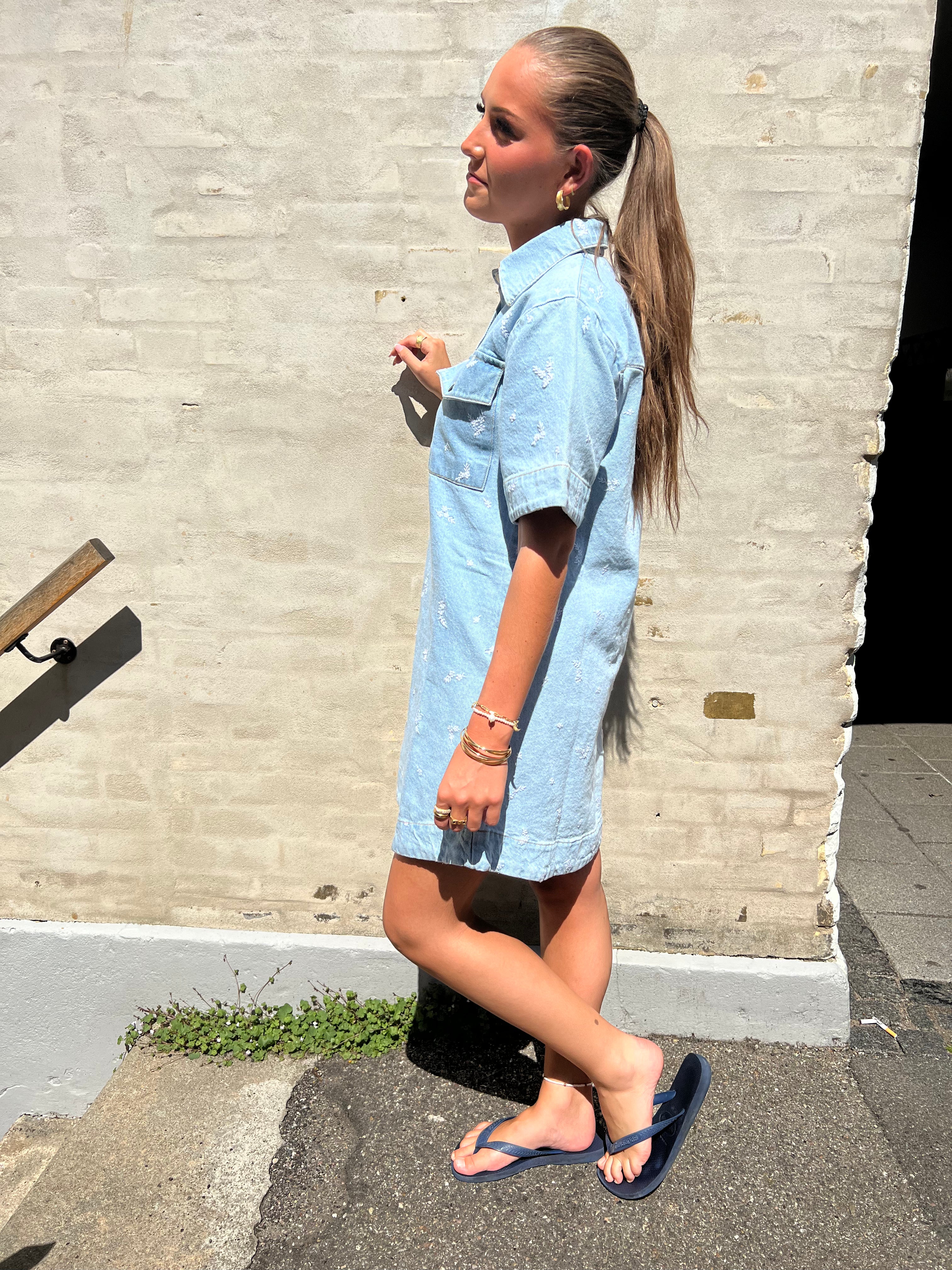 Saras Denim Emb Dress light blue