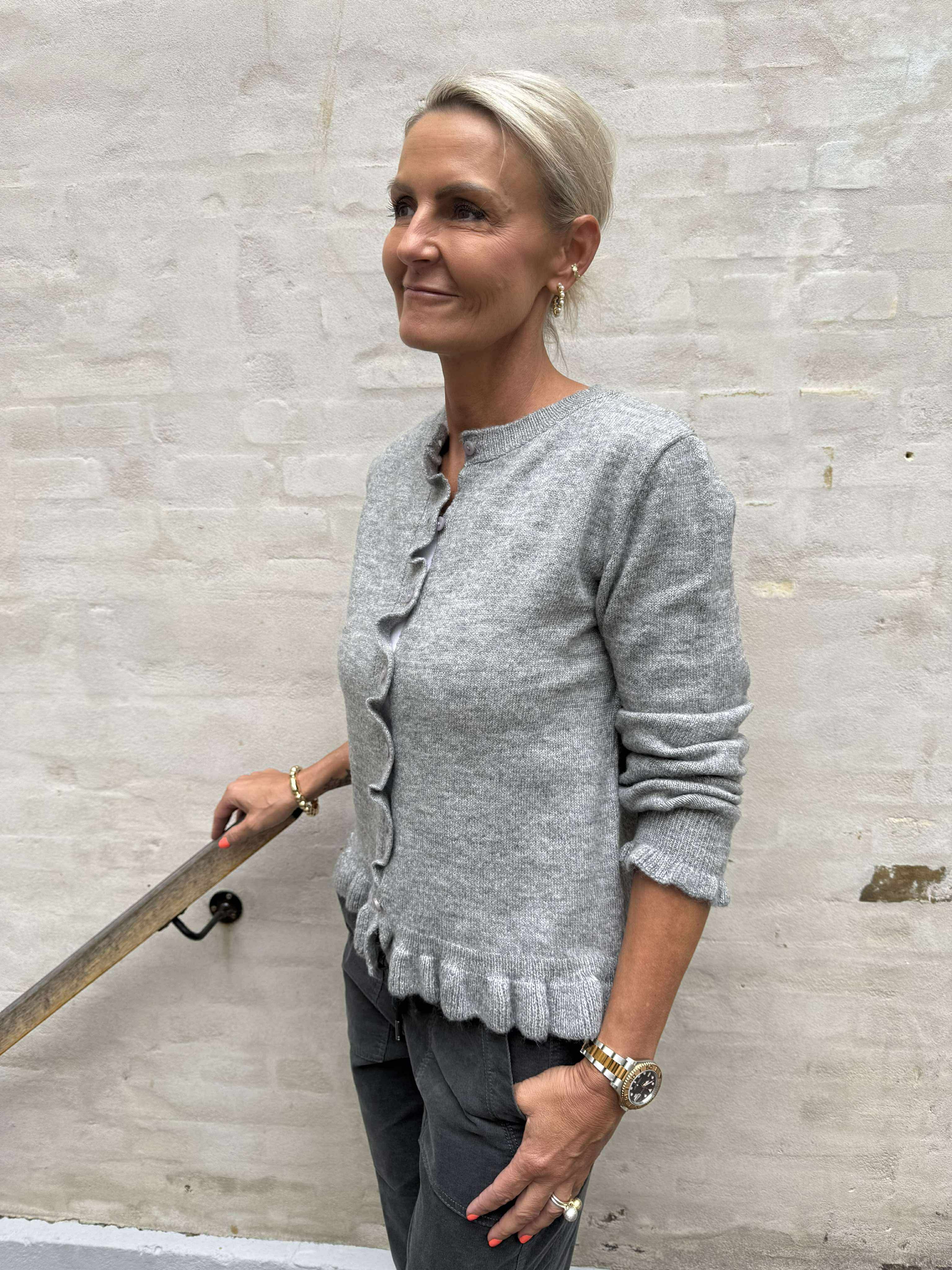 LETTY FRILL CARDIGAN - Light Grey Melange