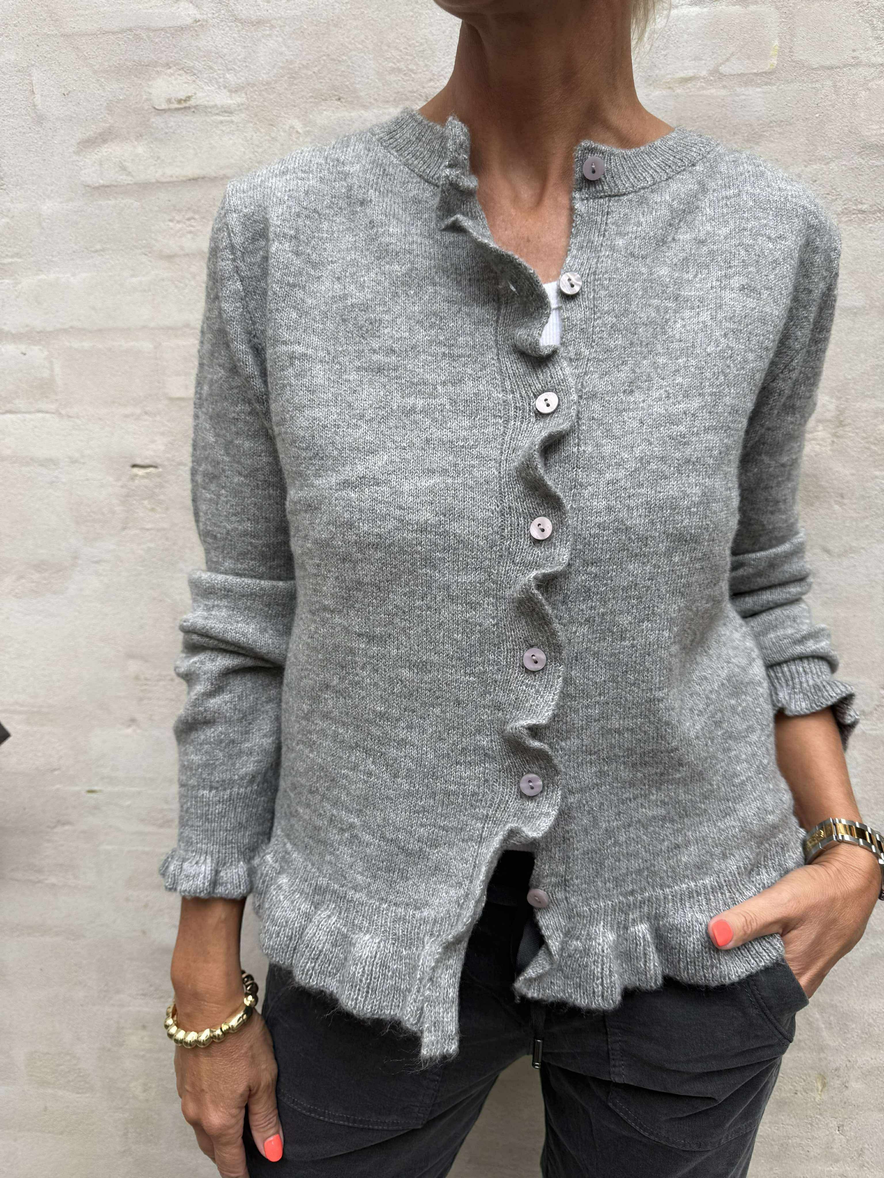 LETTY FRILL CARDIGAN - Light Grey Melange