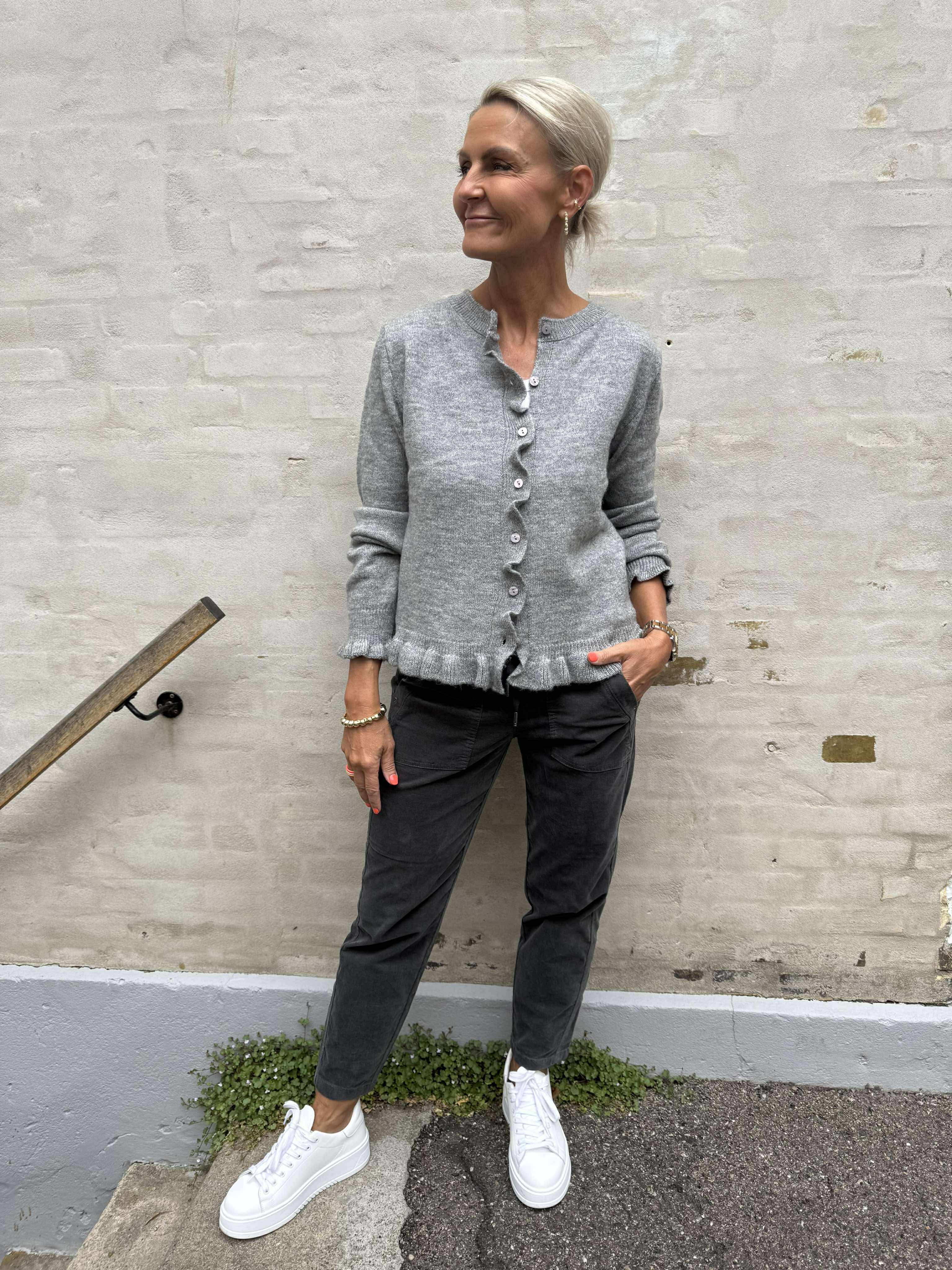 LETTY FRILL CARDIGAN - Light Grey Melange