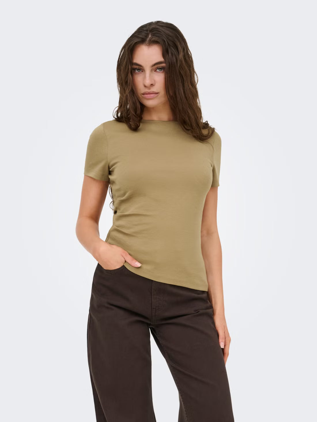 CATIE S/S ASSYMETRIC TOP - Petrified Oak