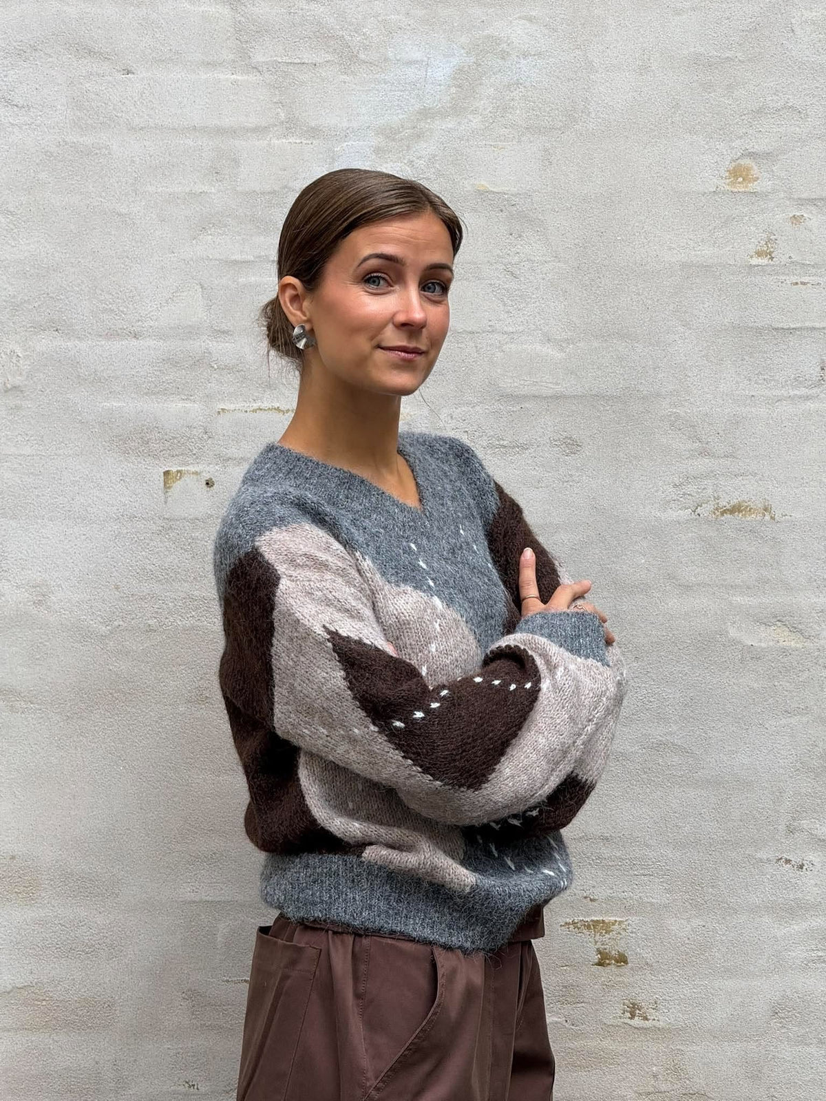 ZOEY L/S VN ARGYLE PULLOVER KNT - Medium Grey Melange/CHATEAU GRAYCHOCOLATE