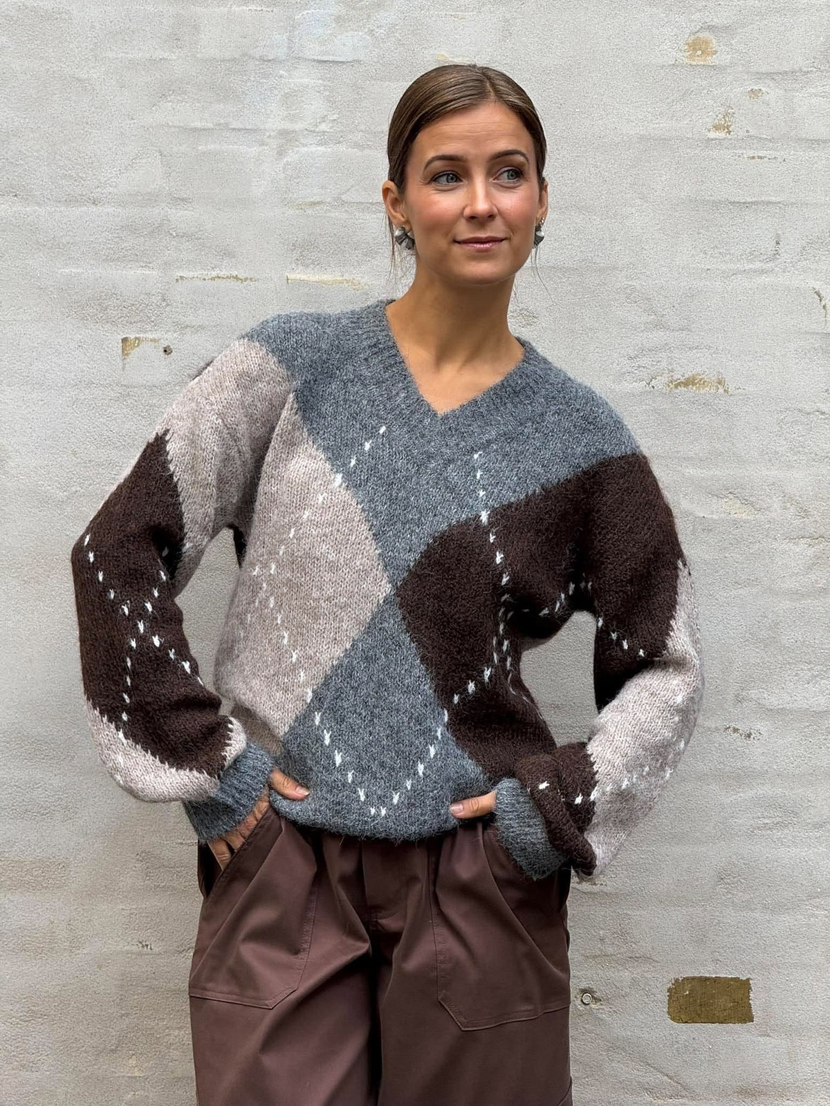 ZOEY L/S VN ARGYLE PULLOVER KNT - Medium Grey Melange/CHATEAU GRAYCHOCOLATE