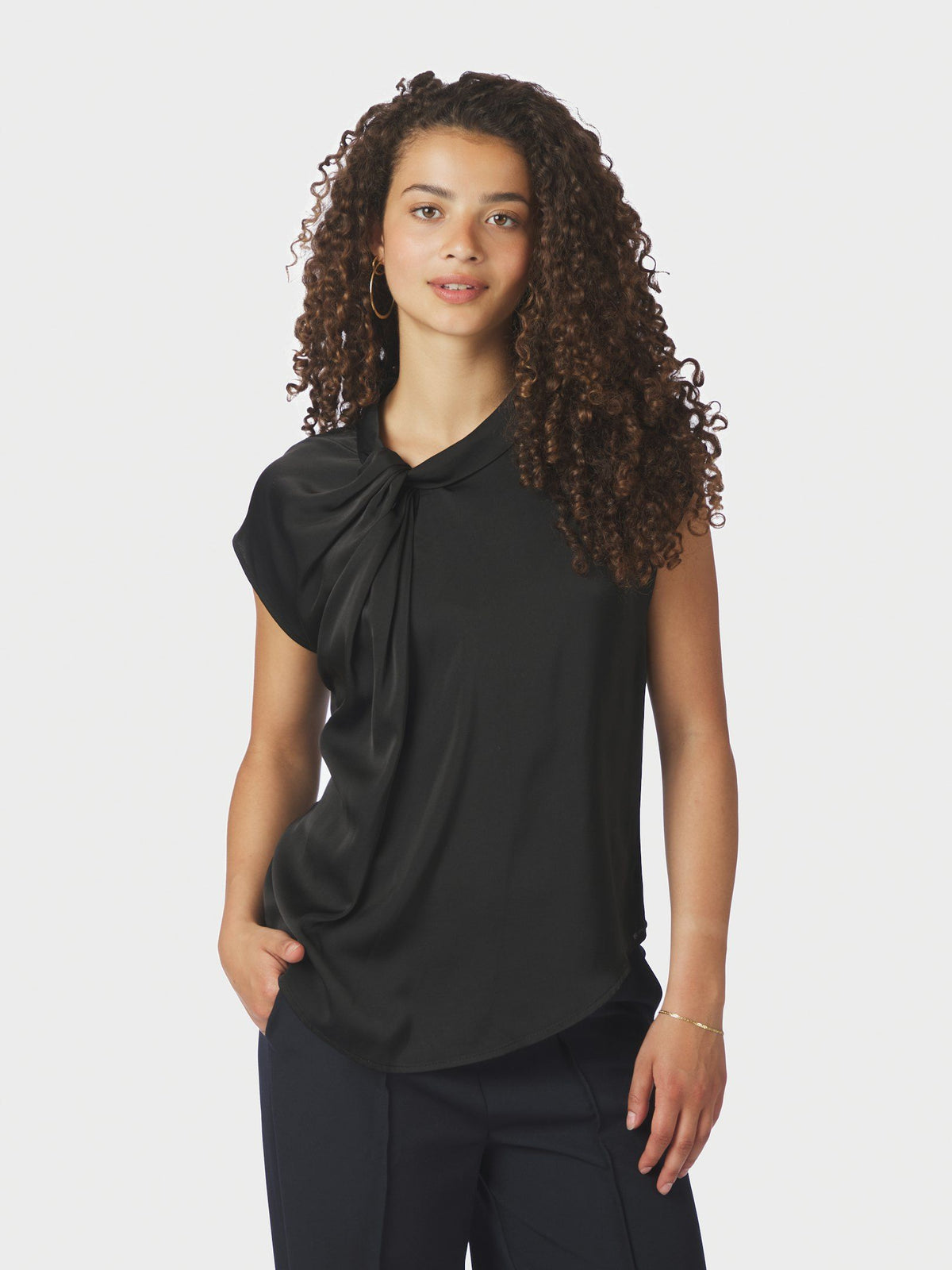 Fleur Drapy Satin Blouse - Black