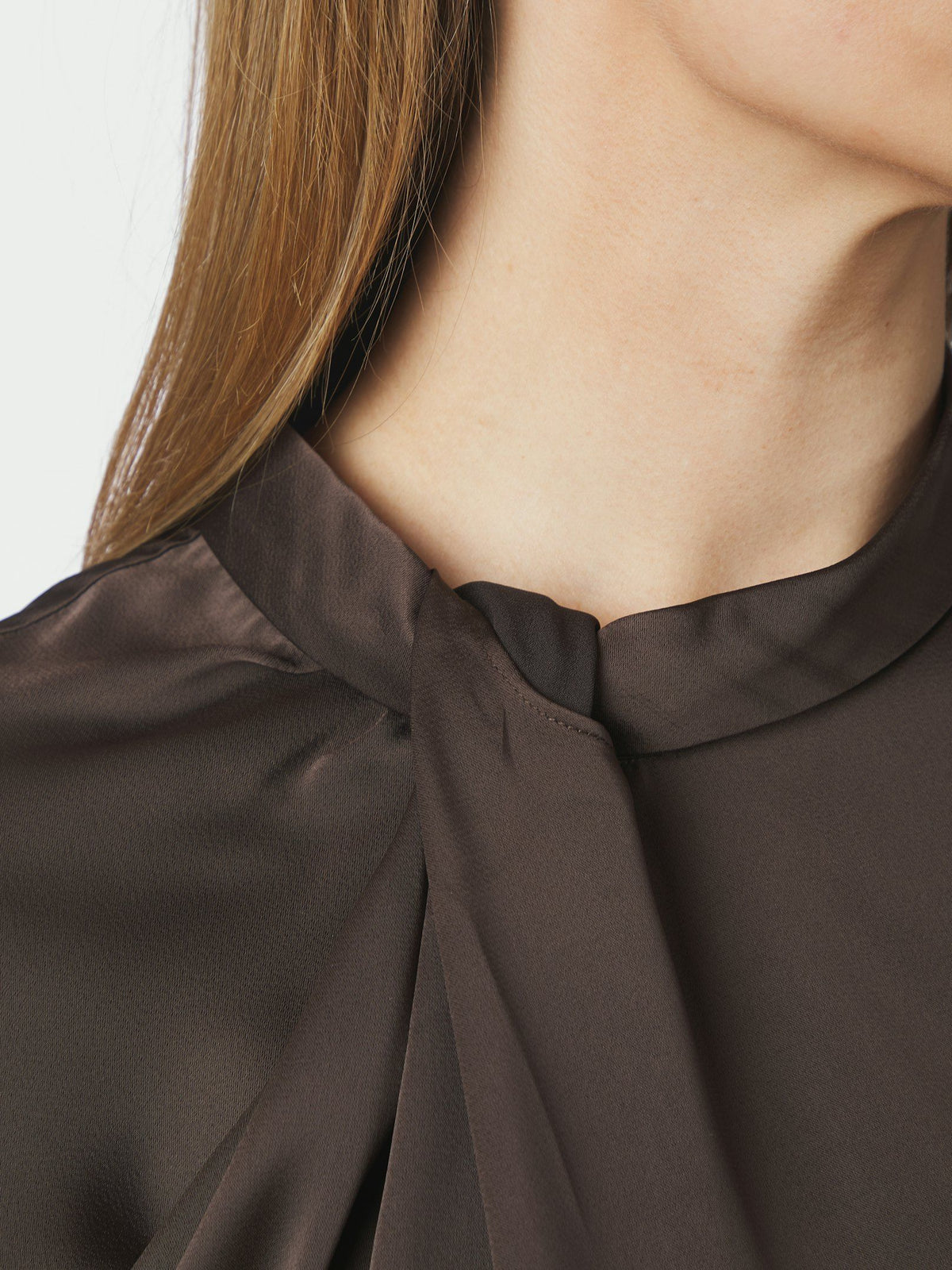 Fleur Drapy Satin Blouse - Dark Brown
