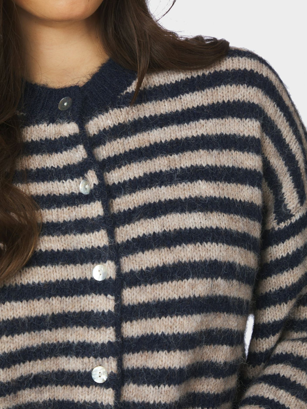Isana Stripe Fluffy Knit Cardigan - Navy Striped